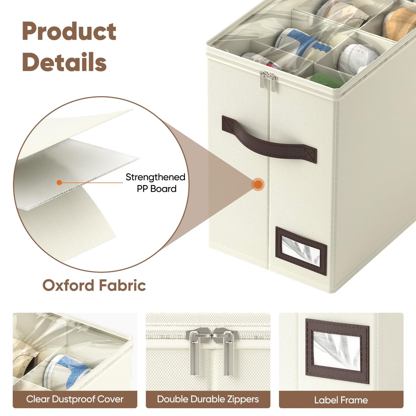 OIAHOMY 4 Pack Shoe Organizer for Closet, Foldable Shoe Storage Bins with Adjustable Dividers, Stackable Oxford Cloth Sneaker Boxes for Entryway Bedroom, Fits Up to 32 Pairs, Beige