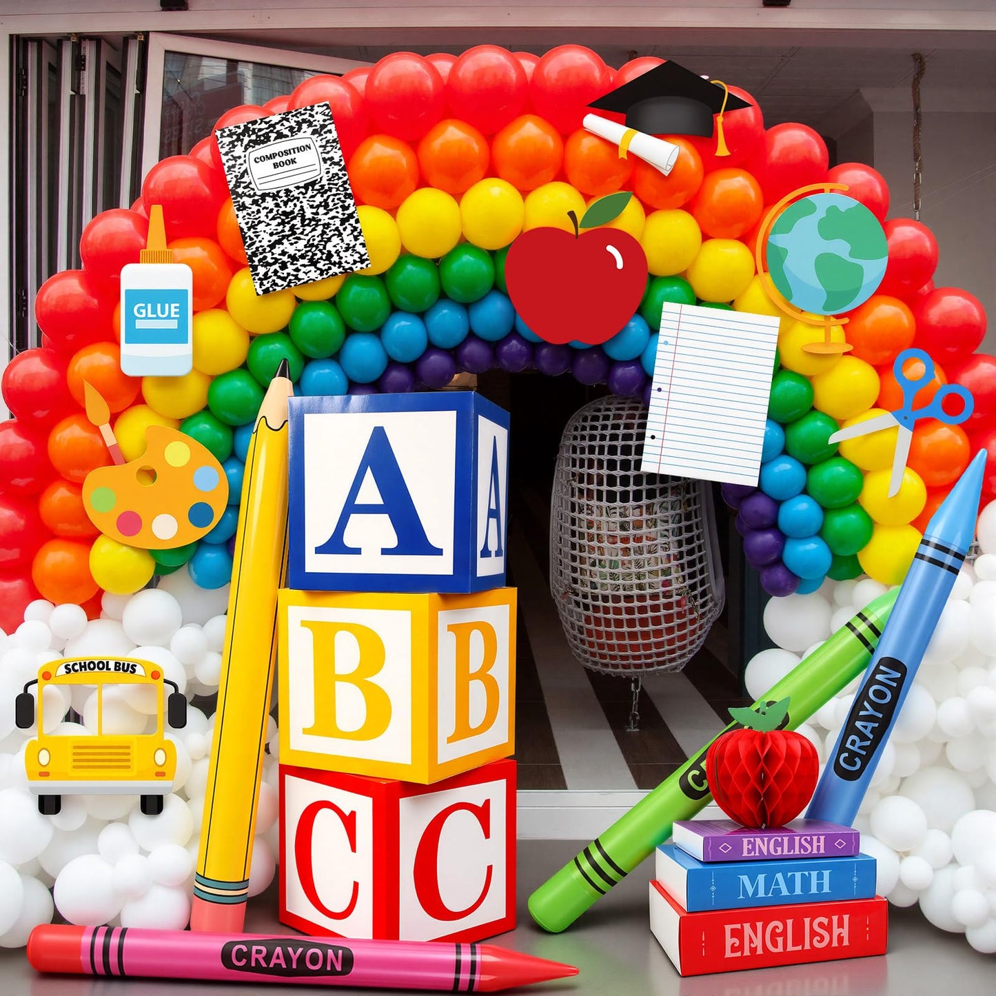 Resholder 23 Pcs Kindergarten Giant School Theme Party Decorations Abc Alphabet Party Favor Box Large Inflatable Pencil Crayon Balloons for Kindergarten Back to School Graduate Celebration Supplies