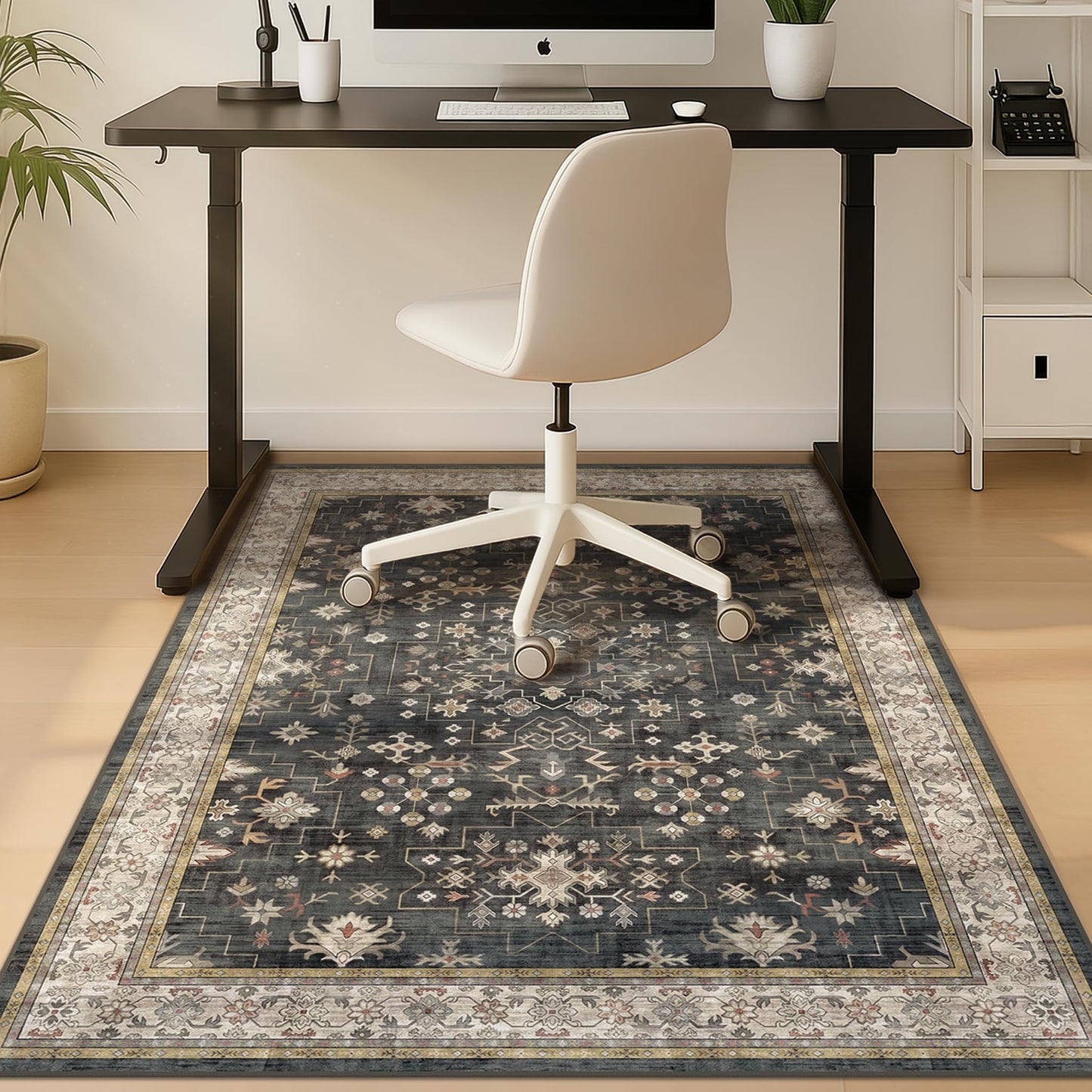 4x5 Black Boho Office Chair Mat for Hardwood & Tile Floor, Floor Protector for Heavy Duty Office Chair, Low Pile & Ultra Soft Under Desk Carpet, Non Slip Rubber Backing, Machine Washable Area Rug
