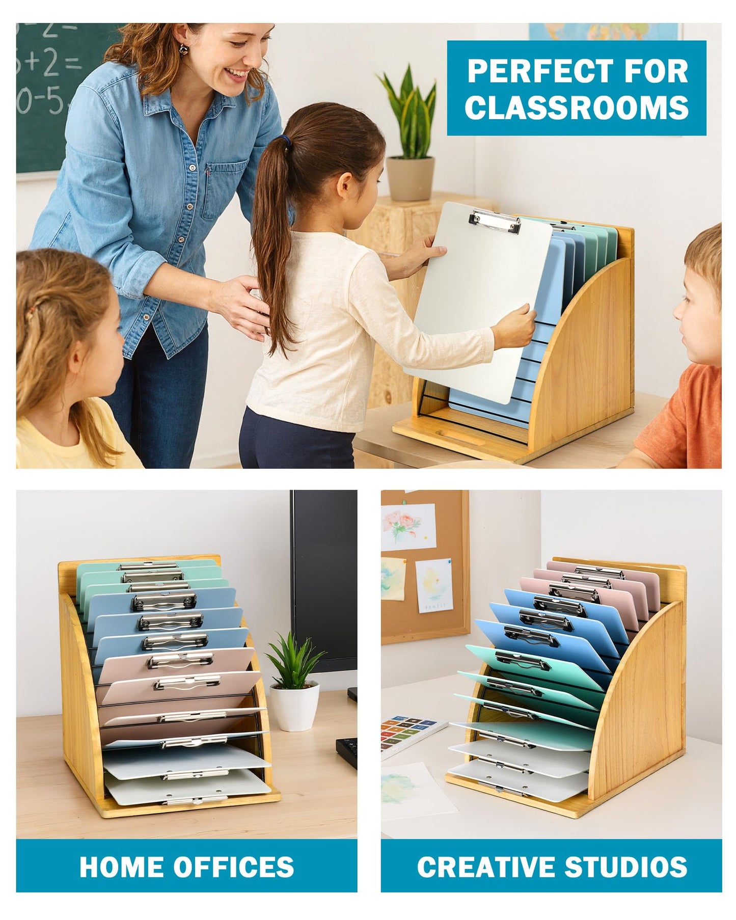 HULISEN 2 Pack Clipboard Holder for Classroom & Office, Wooden Clipboard Storage Organizer with Raised Side Panel & Metal Slots, Wood Clip Board Stand Rack – Clip Board Not Included