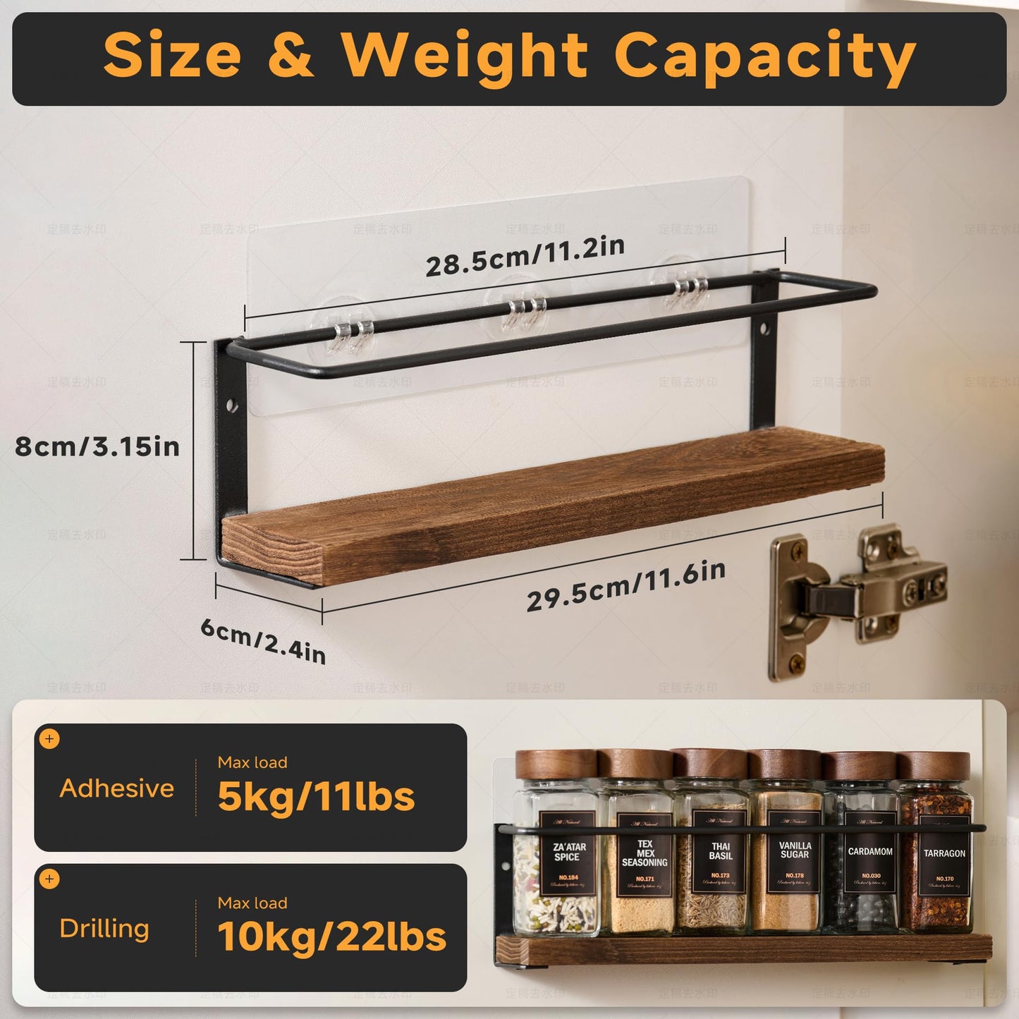 KitHero 4-Tier Wall Mount Spice Rack Organizer with 24 Glass Jars, 216 Labels & Funnel - Screw/Adhesive Mount, Black Metal & Wood Spice Storage for Kitchen Pantry Cabinet, 11.6”W x 2.4”D x 3.2”H