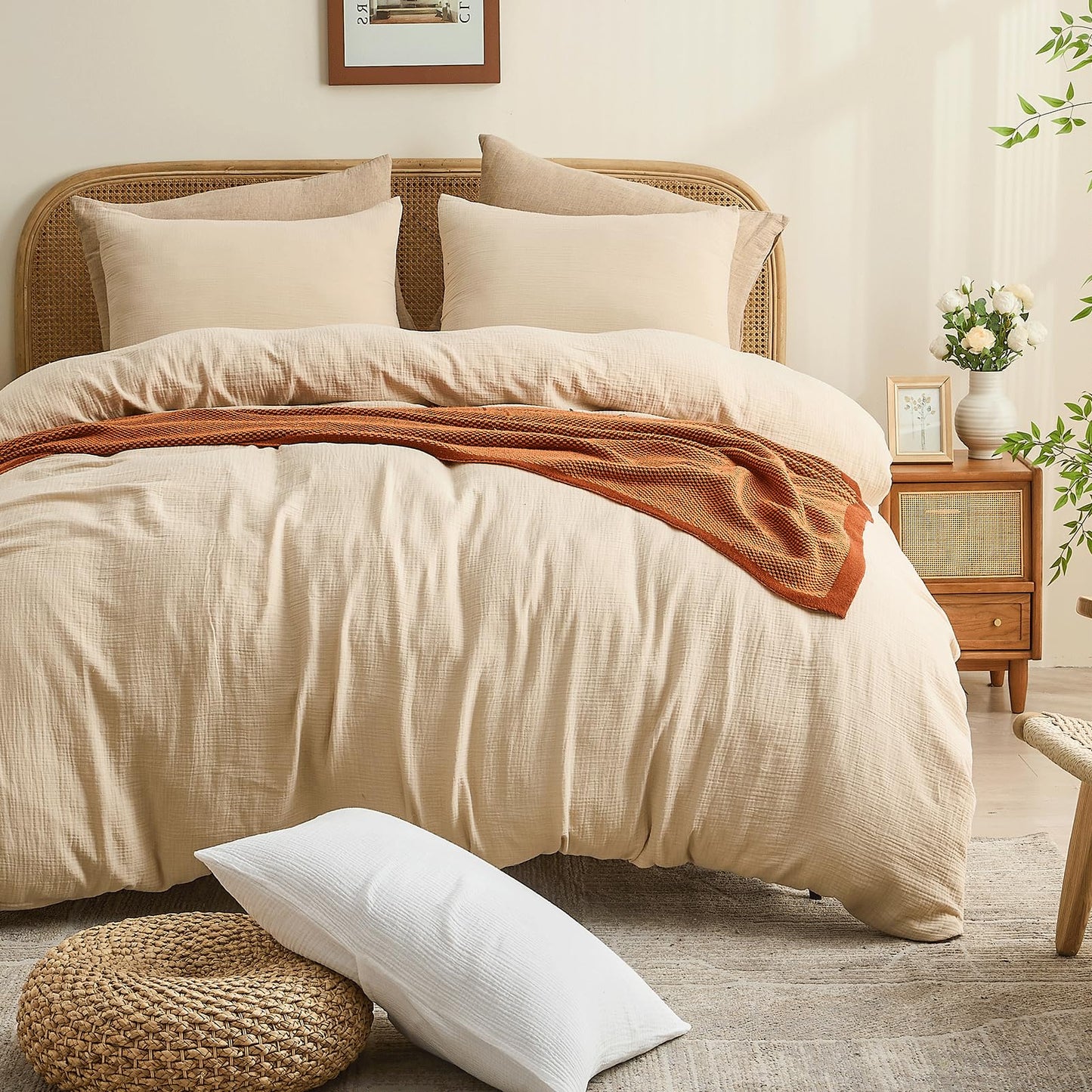MEISHANG Muslin Duvet Cover Queen Size - 100% Organic Cotton, Soft Textured Gauze Weave Duvet Cover for Breathable All-Season Oeko-Tex Certified - 3 Piece Set (Queen, Linen)