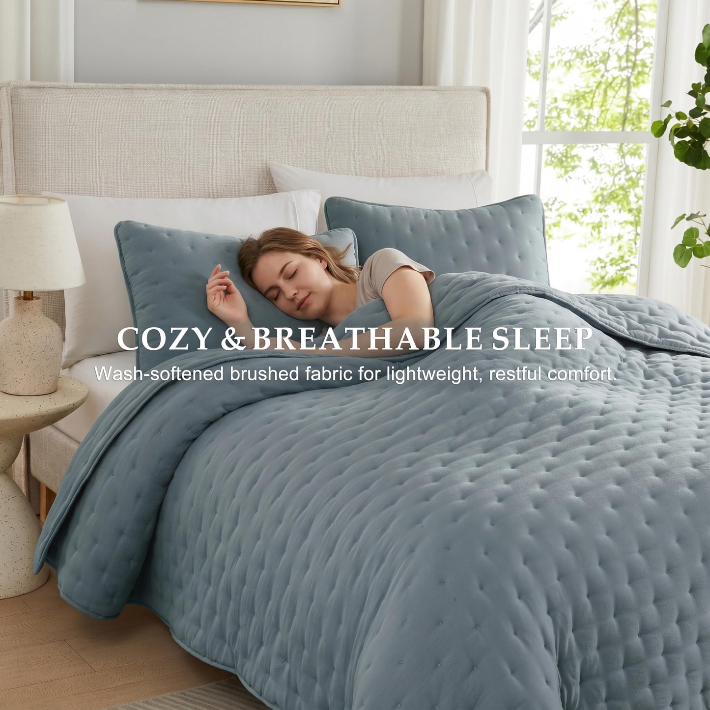 WDCOZY Dusty Blue Cloud King Size Quilt Set, Tan Lightweight Farmhouse Bedspread, Rustic Country Coverlet, Taupe Camel Soft Bedding, Thin Comforter for All Season - 3 Pieces, 104x90 inches