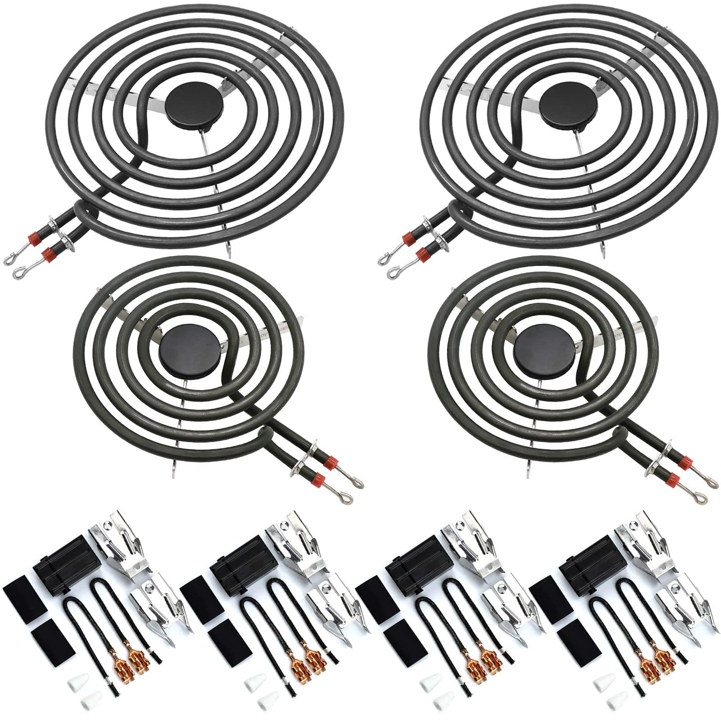 MP22YA Electric Range Burner Element Unit Set（2 pcs MP21YA 8" & 2 pcs MP15YA 6"）with 4pcs 330031 Range Burner Receptacle Kit Fit for Whirl-pool Ken-more Stoves Replace WP660532, WP660533 by AMI PARTS