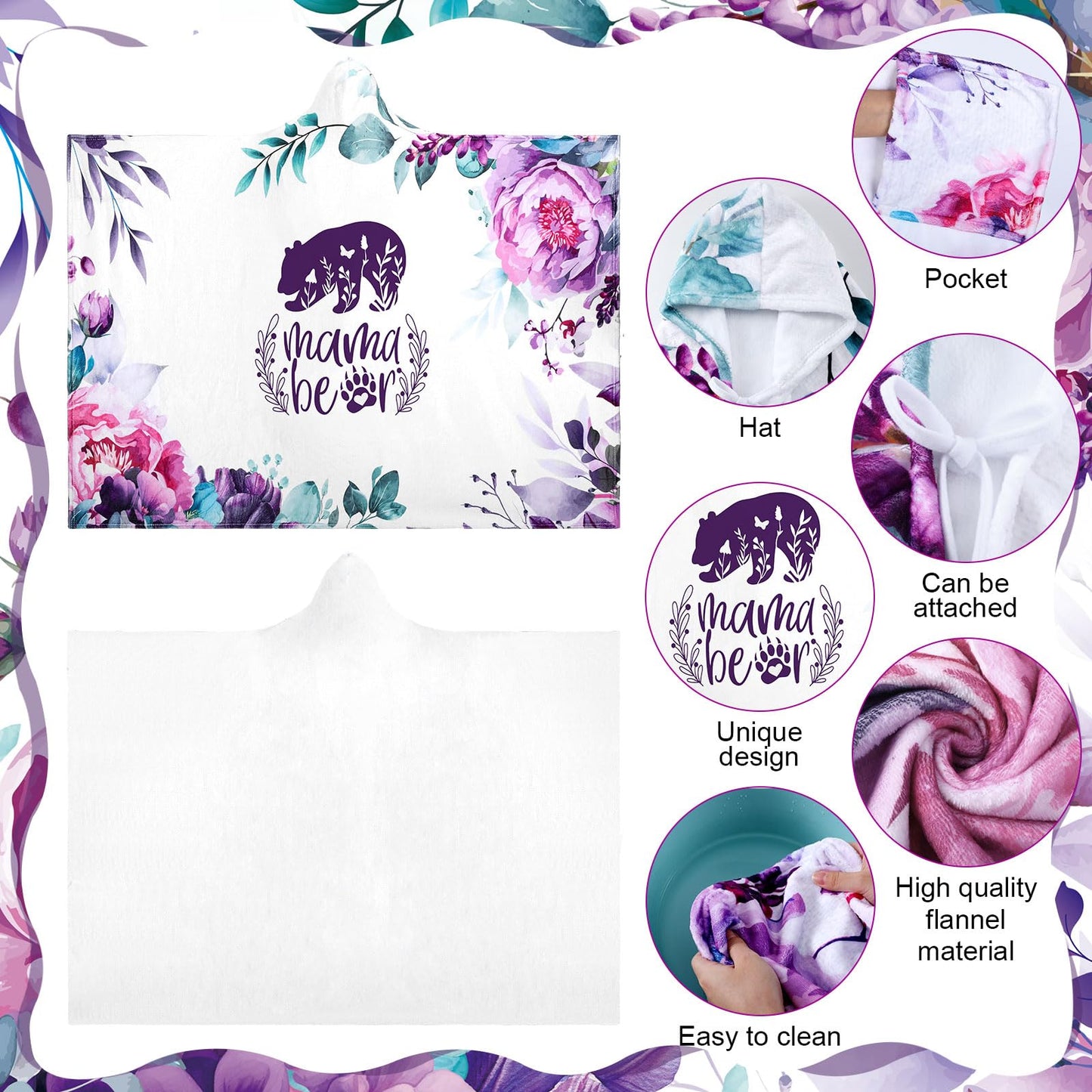 HunnmingRe 5 Pcs Mama Bear Gift Box Set for Mom Mother's Day, Birthday Purple Wearable Blanket Hoodie Tumbler Greeting Card Socks Gifts from Son Daughter Husband for Wife Women