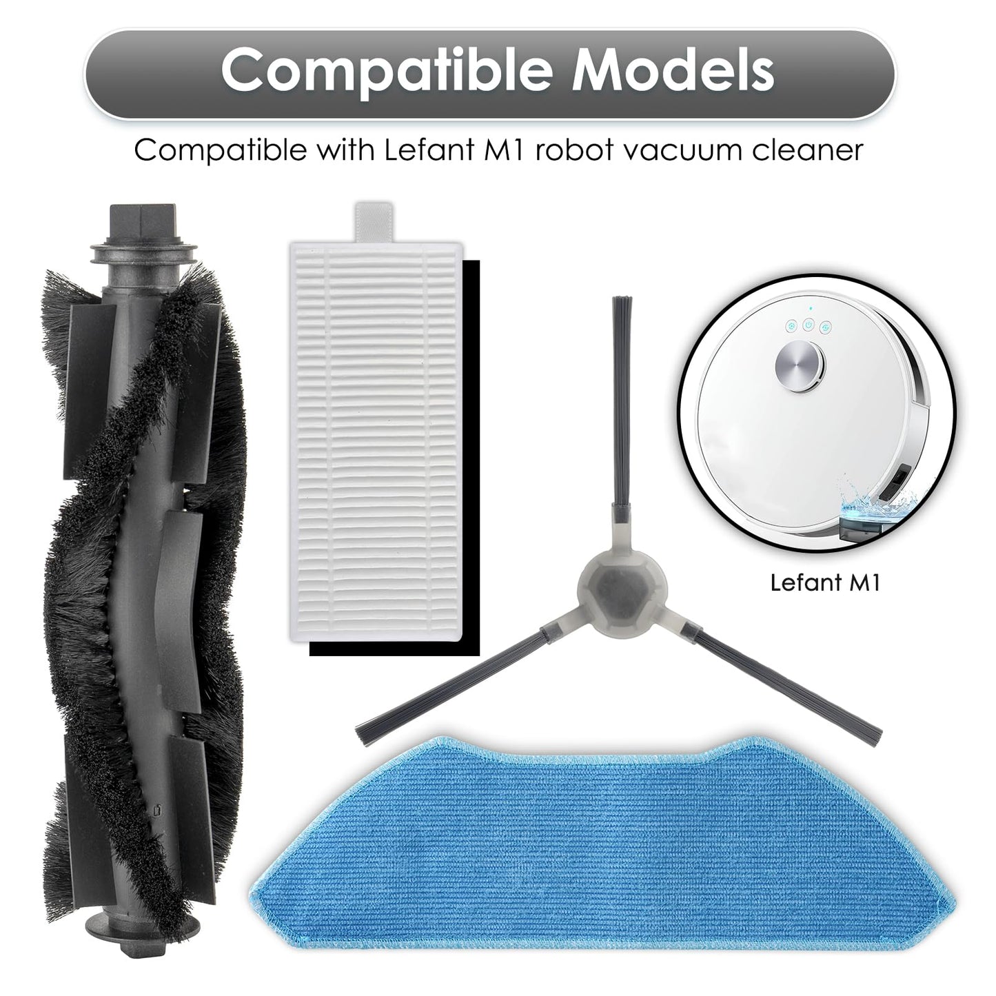 (20 Pack) M1 Replacement Parts Compatible with Lefant M1 Robot Vacuum Cleaner, 2 Roller Brushes, 8 Side Brushes, 6 HEPA Filters, 4 Mop Pads, Accessories Kit