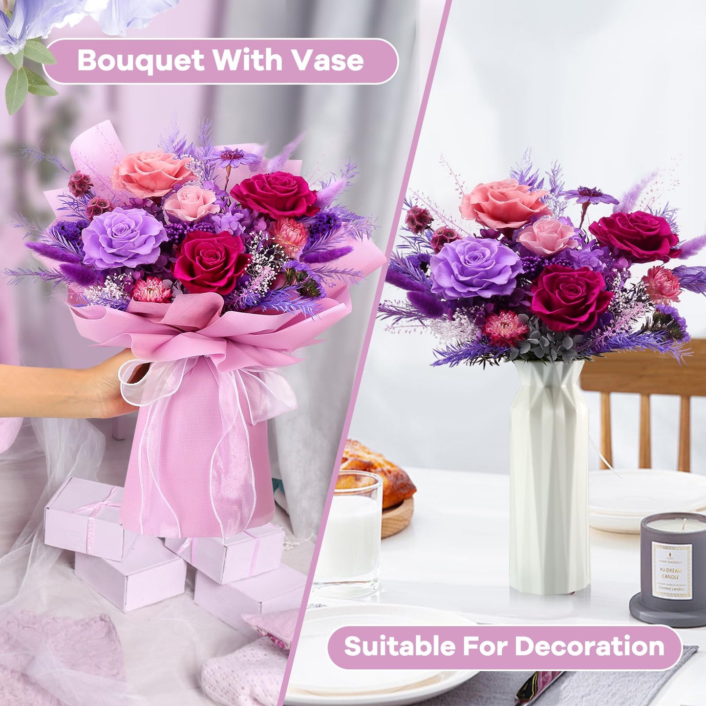 Bloom’s Diary Preserved Flower Bouquet - 100% Real Roses & Hydrangeas That Last 1-3 Years - Eternal Mixed Flower Arrangement for Women, Mom, Wife, Girlfriend, Anniversaries, Birthdays - Purple
