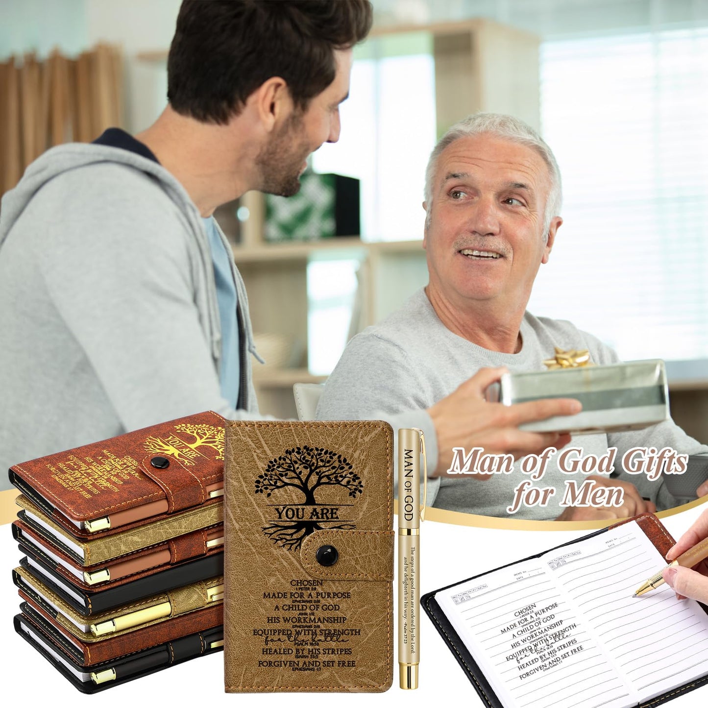 Thenshop 24 Set Christian Father's Day Church Gifts Tree of Life Leather Prayer Journal Man of God Notebook Religious Notepad with Pen Baptism Gift for Pastor Dad Men (Black Brown)