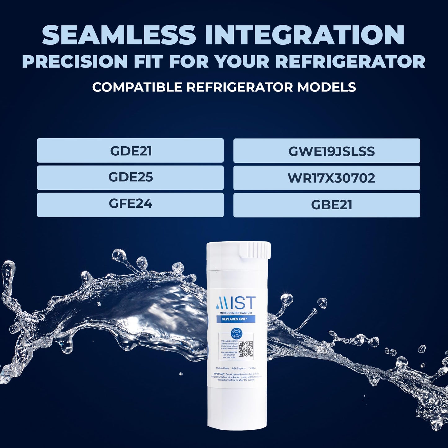 Mist XWF Water Filter Replacement for GE, Refrigerator Water Filter compatible with GWE19JSLSS, WR17X30702, GBE21, GDE21, GDE25, GFE24 (Not XWFE) GE XWF (3 pack)