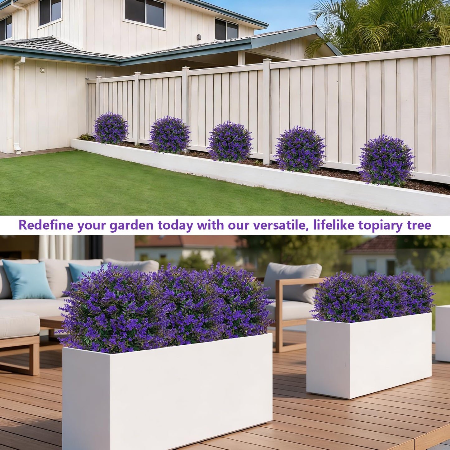 Grooy Artificial Lavender Topiary Ball for Outdoors, Set of 2 Boxwood Plant Tree with Spike, Fake Shrubs UV Resistant Faux Plants for Indoor Outdoor Decor