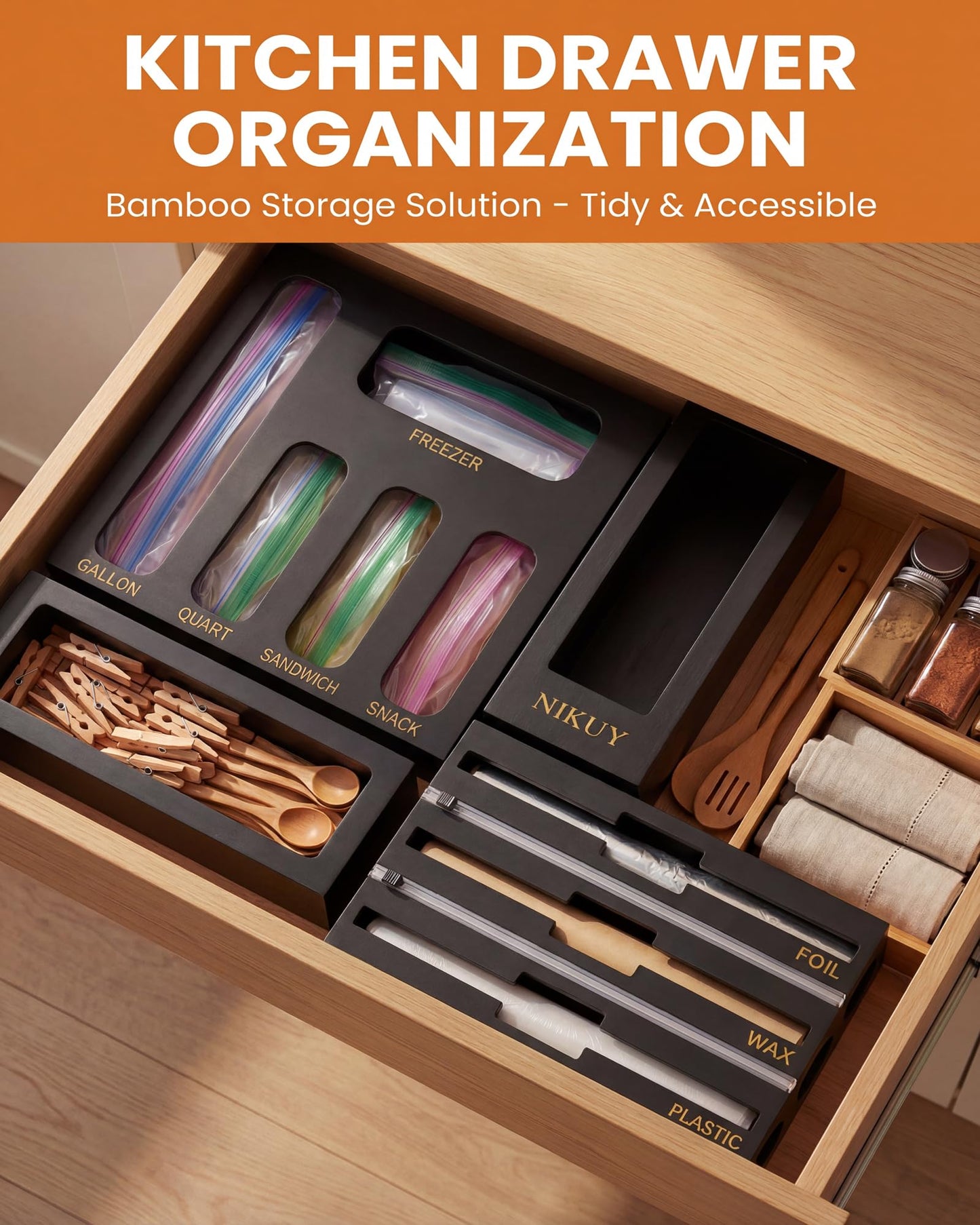 NIKUY 9 IN 1 Bamboo Foil and Plastic Wrap Organizer for Kitchen Drawer, Plastic Bag Organizer Organization and Storage, Food Storage Bag Organizer (BLACK)
