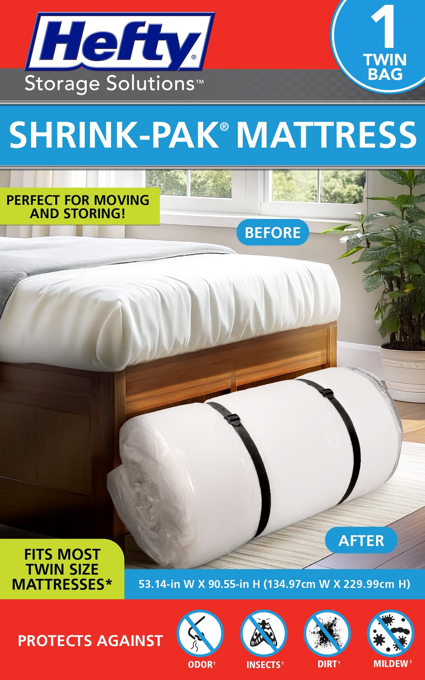 Hefty Shrink-Pak Mattress Bags for Moving – Twin/Twin XL Size | Heavy Duty & Water Resistant Vacuum Compression Mattress Bag, Storage Protection Mattress Cover for Moving