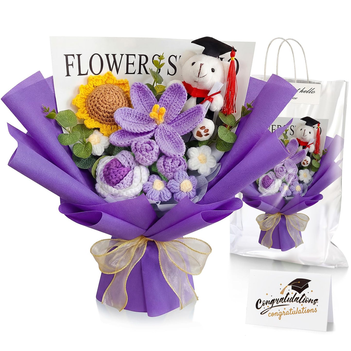 Giegxin Graduation Crochet Flowers Bouquet Set 2026 Grad Cap Plush Bear Hand Knitted Rose Tulip Daisy Sunflower Bouquet Greeting Card Gift Bag for Wedding Birthday Party Favors(Purple)
