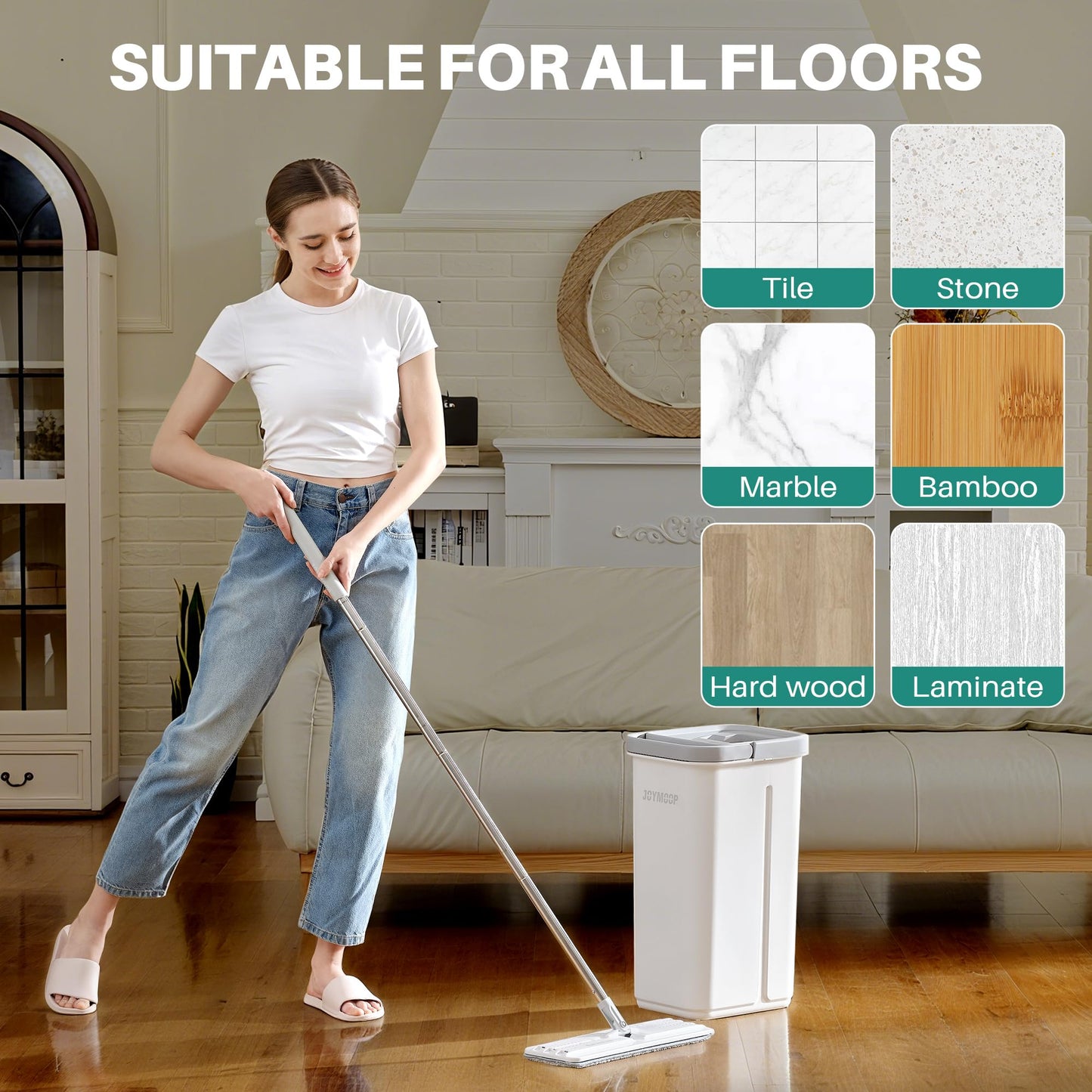 JOYMOOP Flat Mop and Bucket System, Microfiber Mop for Floor Cleaning, White, Suitable for Hardwood, Tile, Laminate and Vinyl Floors, 50" Mop with 1 Microfiber Pad