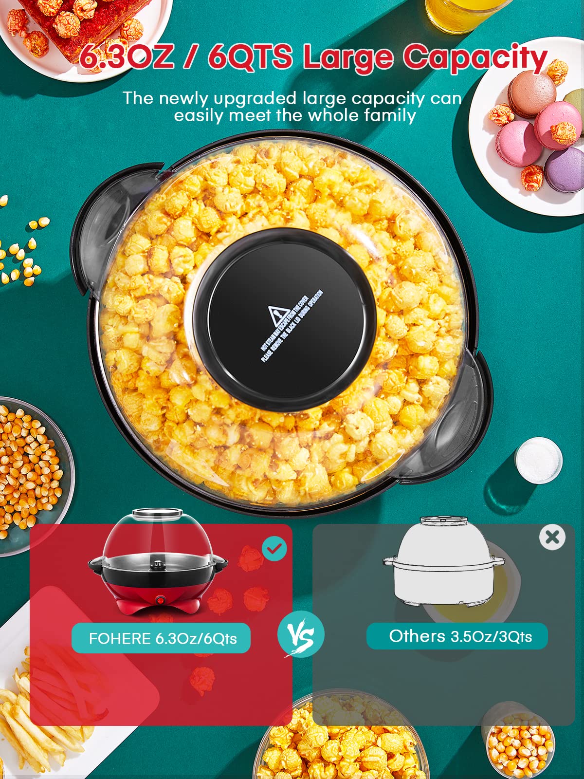 Popcorn Machine, FOHERE 6.3 Quarts Electric Hot Oil Popcorn Popper Machine with Stirring Rod, Large Lid for Serving Bowl and Convenient Storage, Removable & Nonstick Plate, 28Cups, Two Measuring Cups