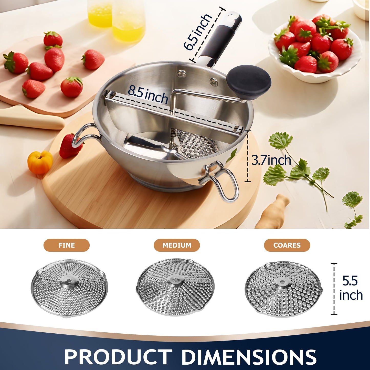 Stainless Steel Food Mills With 3 Milling Discs,Ergonomic design Of Rotary Food Mills For Tomato Sauce,Potatoes,Jams with Silicone Handle Dishwasher Safe, Multifunctional Spoon,Orange