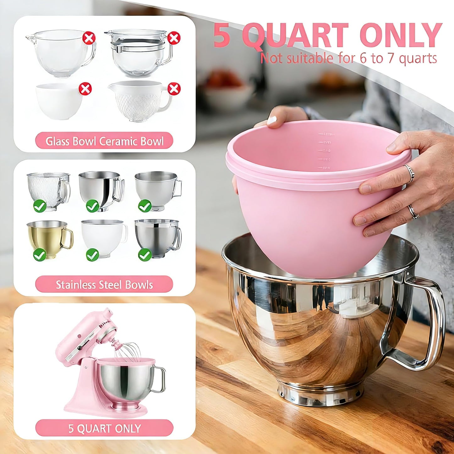 5 Qt silicone liners for kitchenaid stand mixer, Silicone Bowl Liners with Lids, Kitchen Aid Accessories and Attachments for Baking and Cooking (3pcs) thicken