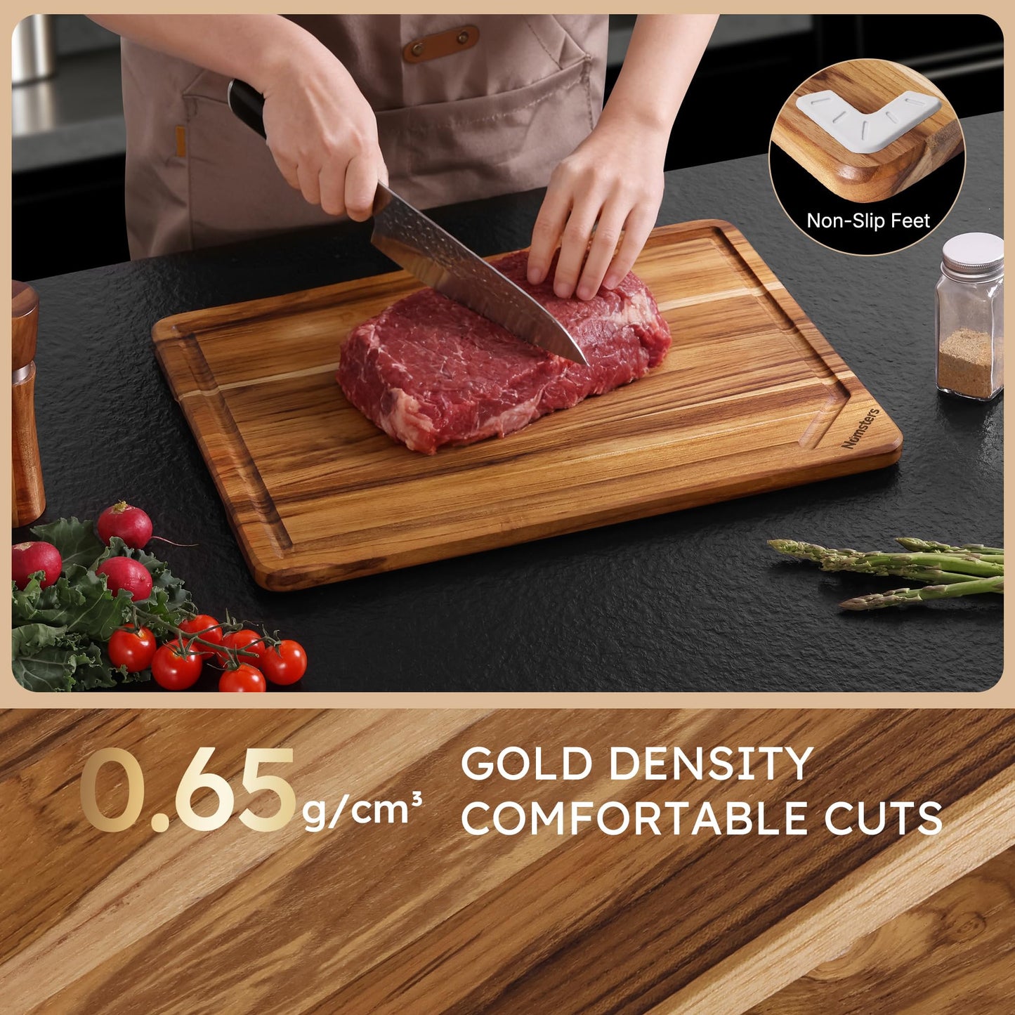 17'' Teak Wood Cutting Board for Kitchen Non Slip Charcuterie Board Serving Heavy Duty Non Toxic Wooden Chopping Board Thick Haus Edge Grain Wood, Knife Friendly Housewarming Gifts - FSC Certified