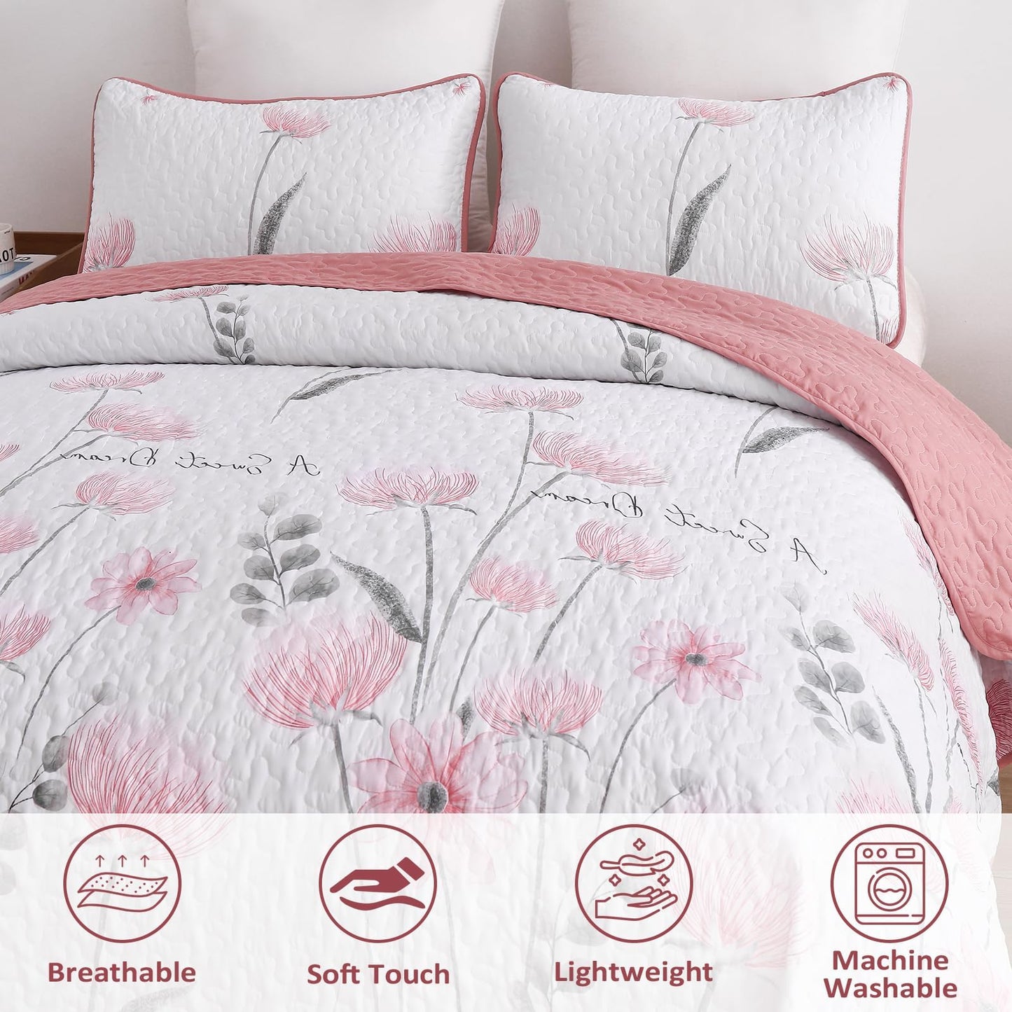 Dinjoy Floral Quilt Set Queen,Pink Bedspread Queen Size 3 Pieces Lightweight Farmhouse Bedding Set Cute Quilts Soft Flower Bedspreads White Coverlet Sets for Girls Women Fall