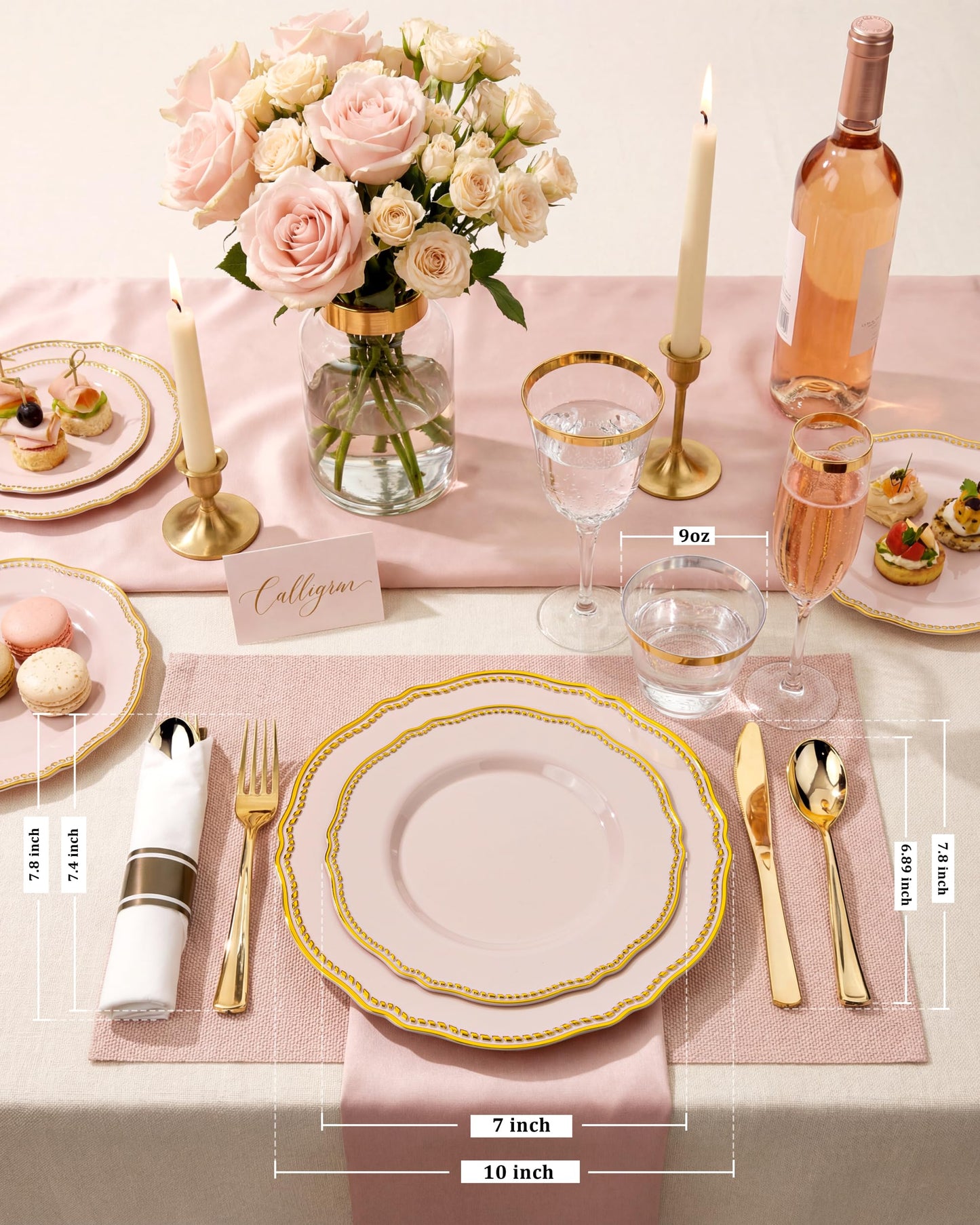 Hioasis 175pcs Pink and Gold Plastic Plates - Pink Plastic Dinnerware Set Includes 25 Dinner Plates, 25 Dessert Dinnerware, 25 Cups, 25 Napkins Perfect for Wedding & Easter