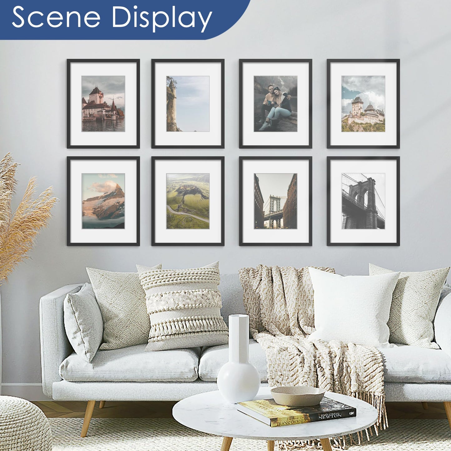 PEALSN 16x20 Picture Frame Set of 6, Display Pictures 11 x 14 with Mat or 16 x 20 without Mat for Wall Mounting Display, Poster Frames Collage for Wall Decor, Black.