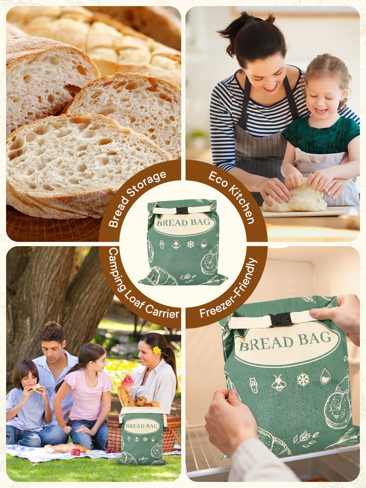2 Pack Zippered Beeswax Bread Bags 17×13 Inch Large Cotton Sourdough Bread Bags Reusable Bread Storage Bags for Homemade Bread Freezer Safe for Bagel Croissant & Baguette Kitchen Baking Supplies