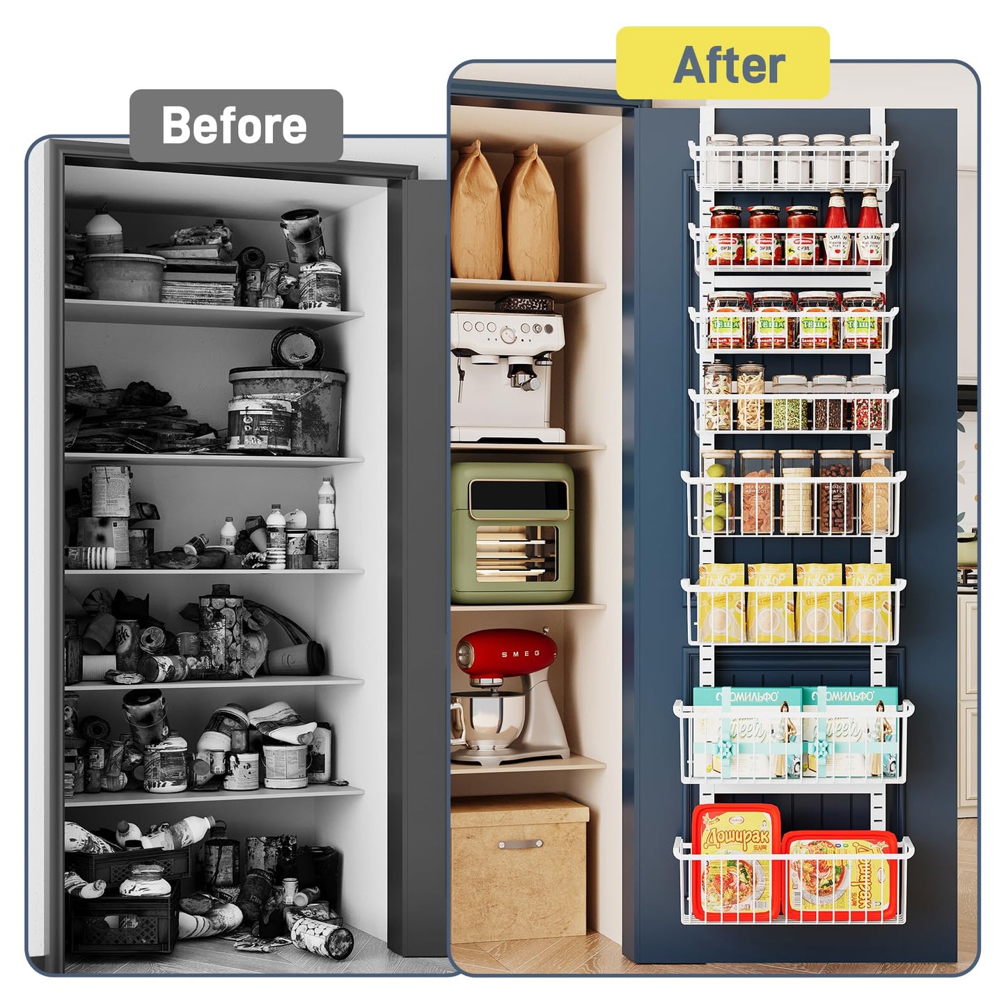 Over The Door Pantry Organizer, 8-Tier Over The Door Organizer with Adjustable Baskets, Metal Hanging Spice Rack for Pantry Organizers and Storage, Suitable for Kitchen Laundry Room & Bathroom, White