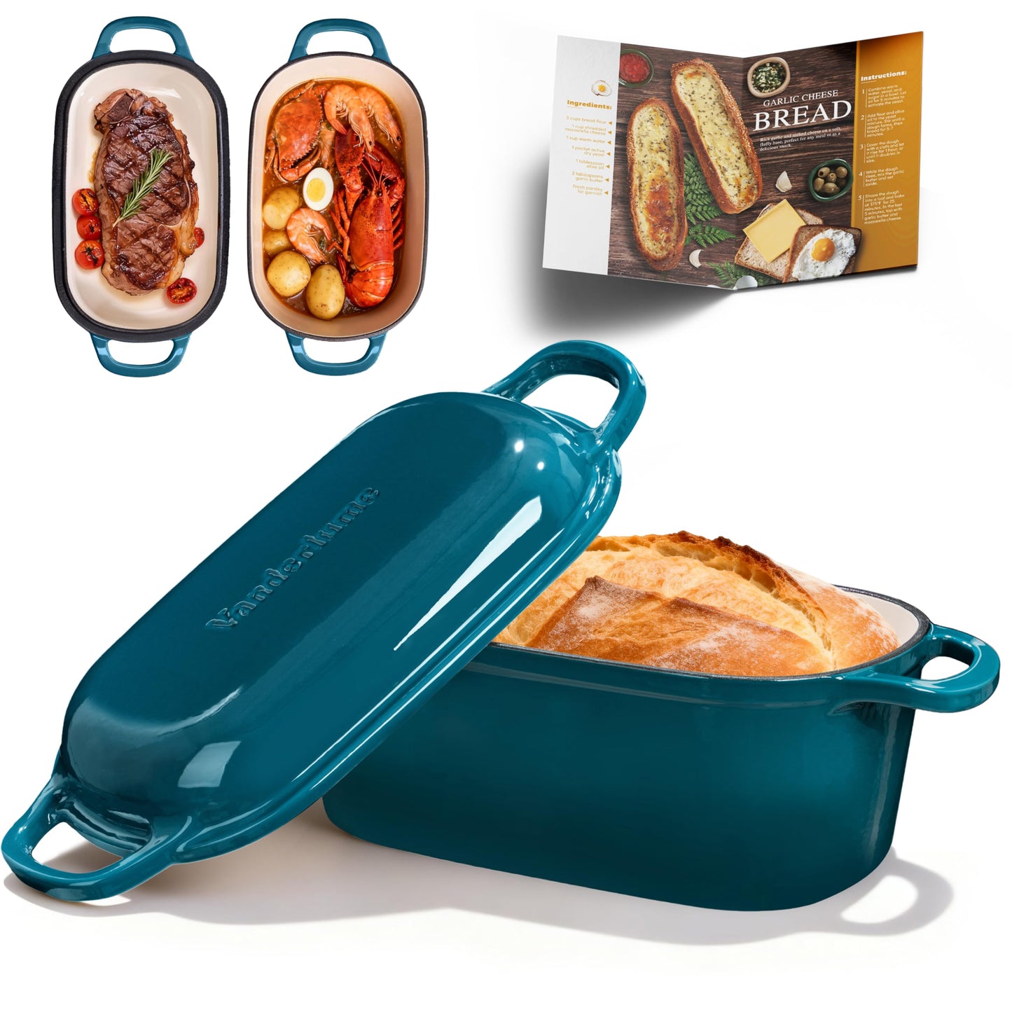 Vanderlume 4.6-Quart Oval Dutch Oven for Bread Baking, 2 in 1 Enameled Cast Iron Bread Pan with Lid, Sourdough Bread Dutch Oven for a Crispy Crust, Teal