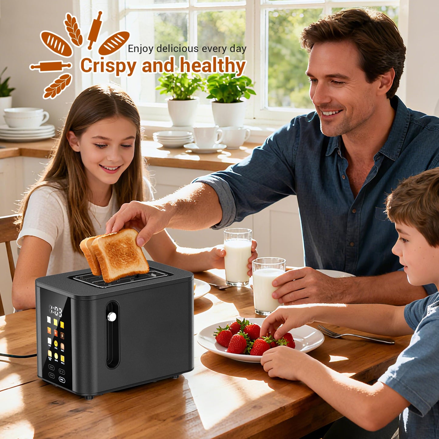 Touch Screen Toaster 2 Slice Black Toaster with Digital Countdown Wide Slot LCD Display 2 Slice Toasters Smart Toasters 6 Shade Settings 6 Bread Type with Reheat/Add Time/Defrost/Cancel Function