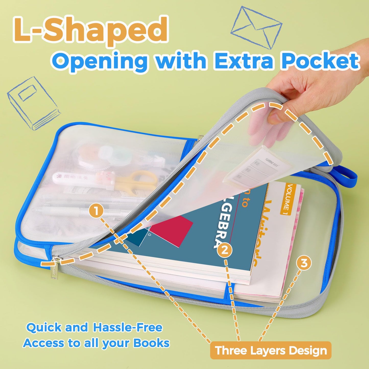 Pendancy Mesh Zipper Pouch 14.8x10.8 in Transparent Lightweight Nylon File Folders, A4 Size Multi-layer Subject Document Organizer Accessories Storage bag for Office and School Supplies(4 PCS)