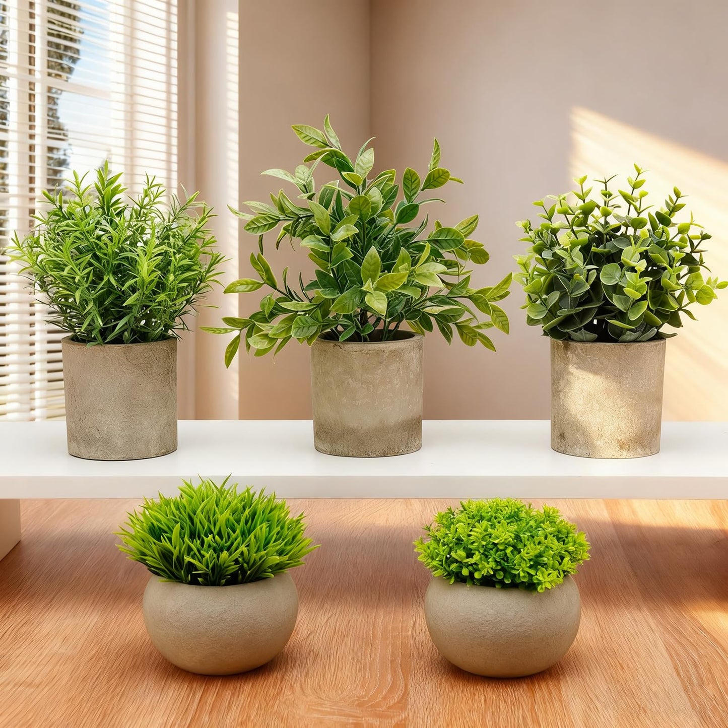 AUUGUU Artificial Potted Plants Faux Greenery in Cement Pots for Shelf, Bookshelf, Office or Home Decor, Small Decorative Fake Plants for Modern Indoor Display
