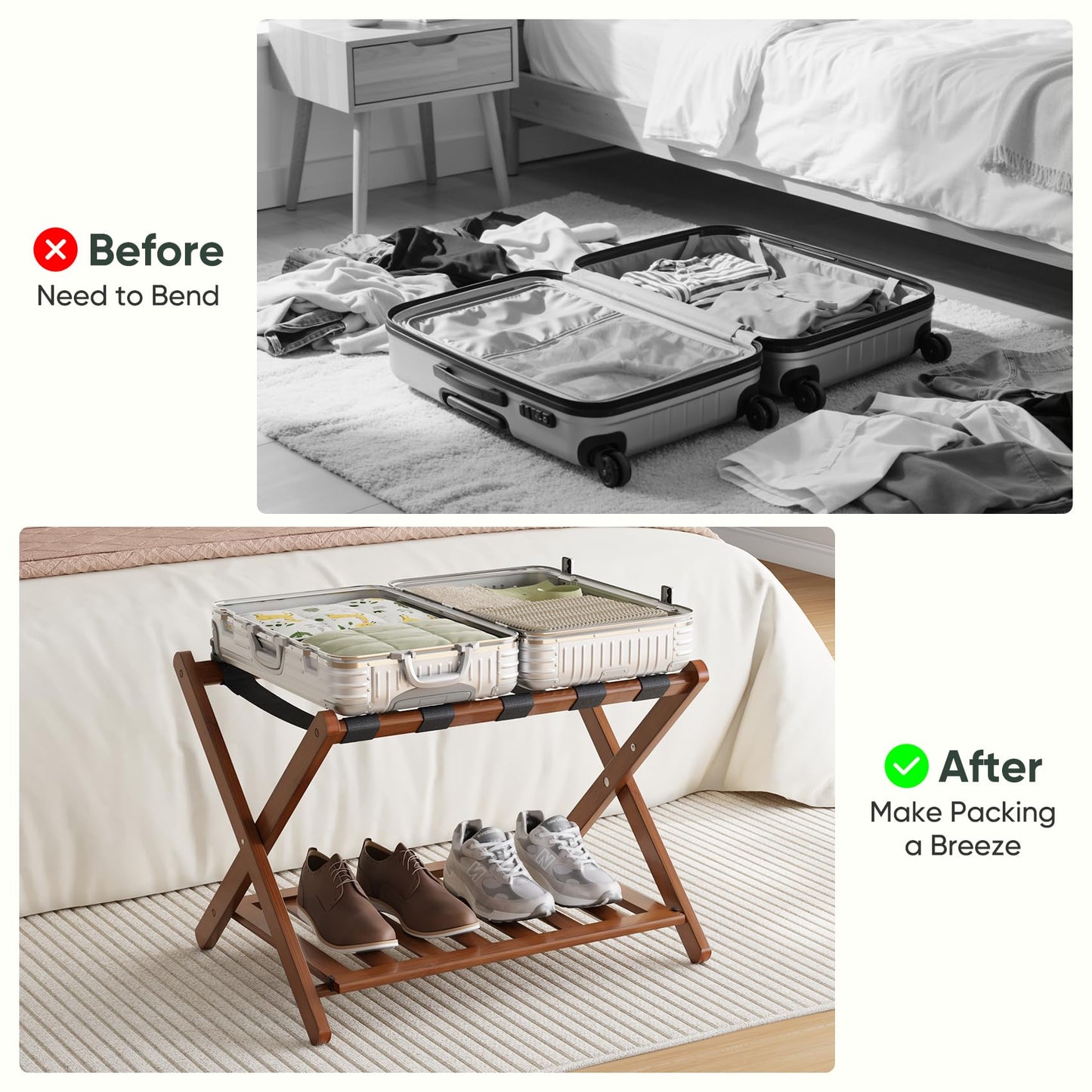 Smart FENDEE Fully Assembled Bamboo Luggage Rack, Walnut Folding Suitcase Stand with Shoe Shelf, Heavy-Duty Luggage Holder for Guest Room Must Haves, Bedroom, Hotel, 1 Pack