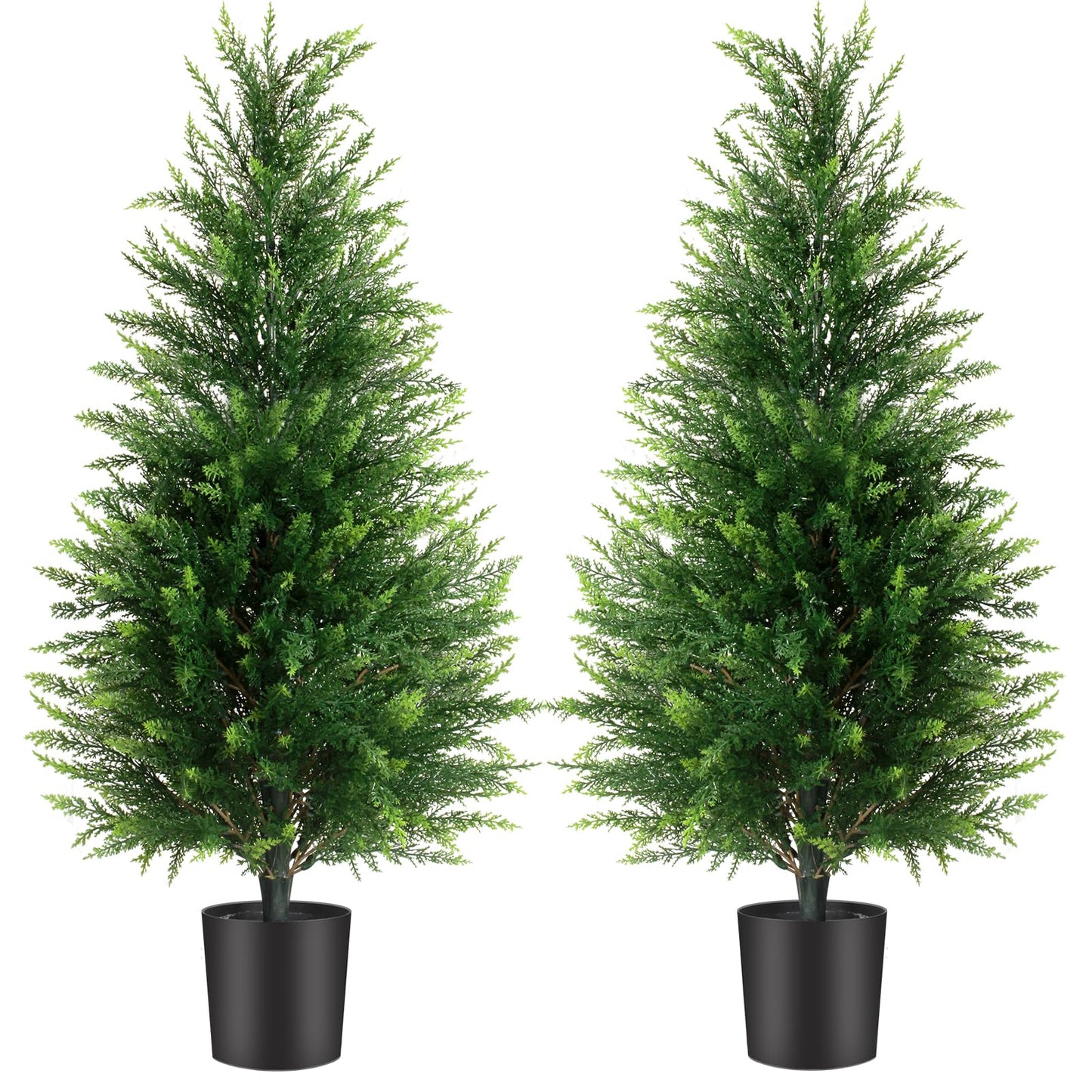 3FT Artificial Cedar Trees 2 Pack, UV Protected Fake Outdoor Evergreen Topiary Potted Plants, Lifelike Artificial Cypress Shrubs for Porch Patio Garden Home Office Decor