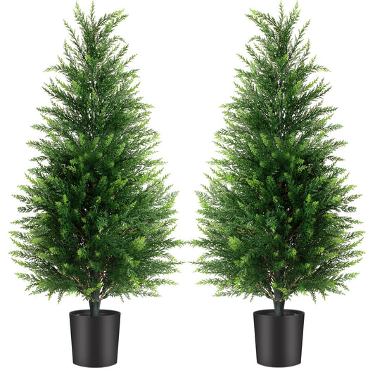 3FT Artificial Cedar Trees 2 Pack, UV Protected Fake Outdoor Evergreen Topiary Potted Plants, Lifelike Artificial Cypress Shrubs for Porch Patio Garden Home Office Decor