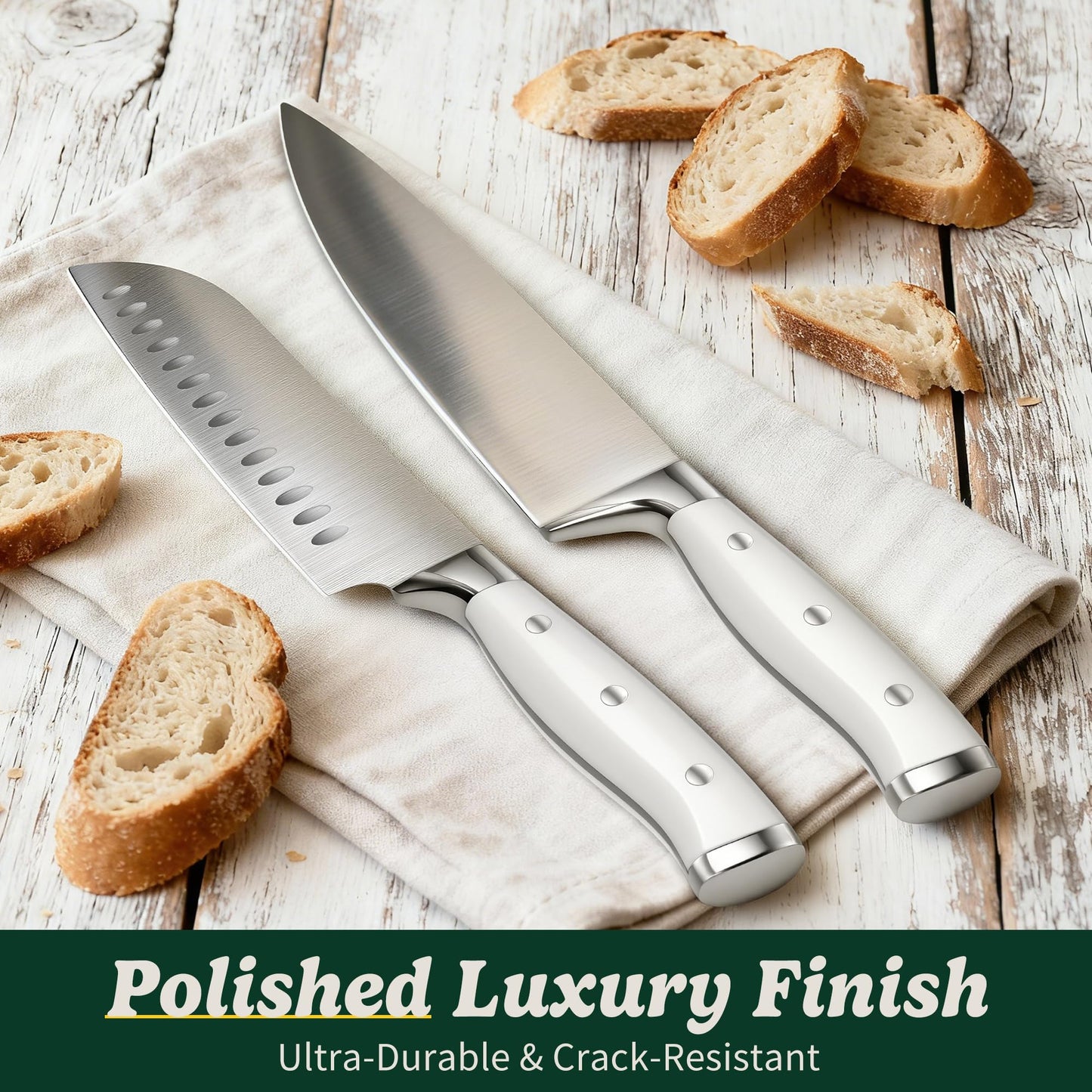 Knife Set, 15 Piece Premium Chef High Carbon Stainless Steel Kitchen Knife Block Set, Razor-sharp, Ergonomic Forged Triple Rivet Handle, Professional Knife Set for Kitchen, Dishwasher Safe(White)