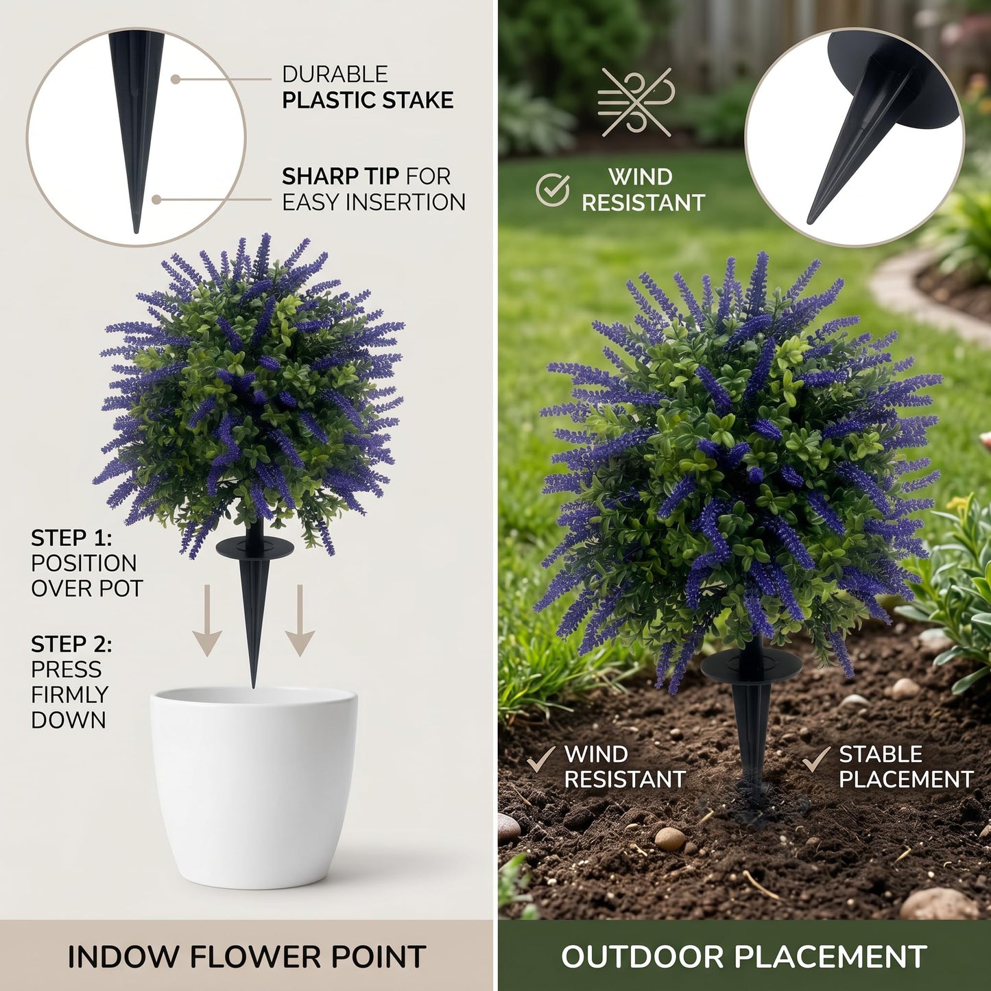 Siyoeg Artificial Lavender Topiary Ball Trees with Ground Spike, Set of 2 UV Resistant Faux Shrubs, Fake Evergreen Plant for Indoor Outdoor Front Porch Garden Decor, No Watering Needed
