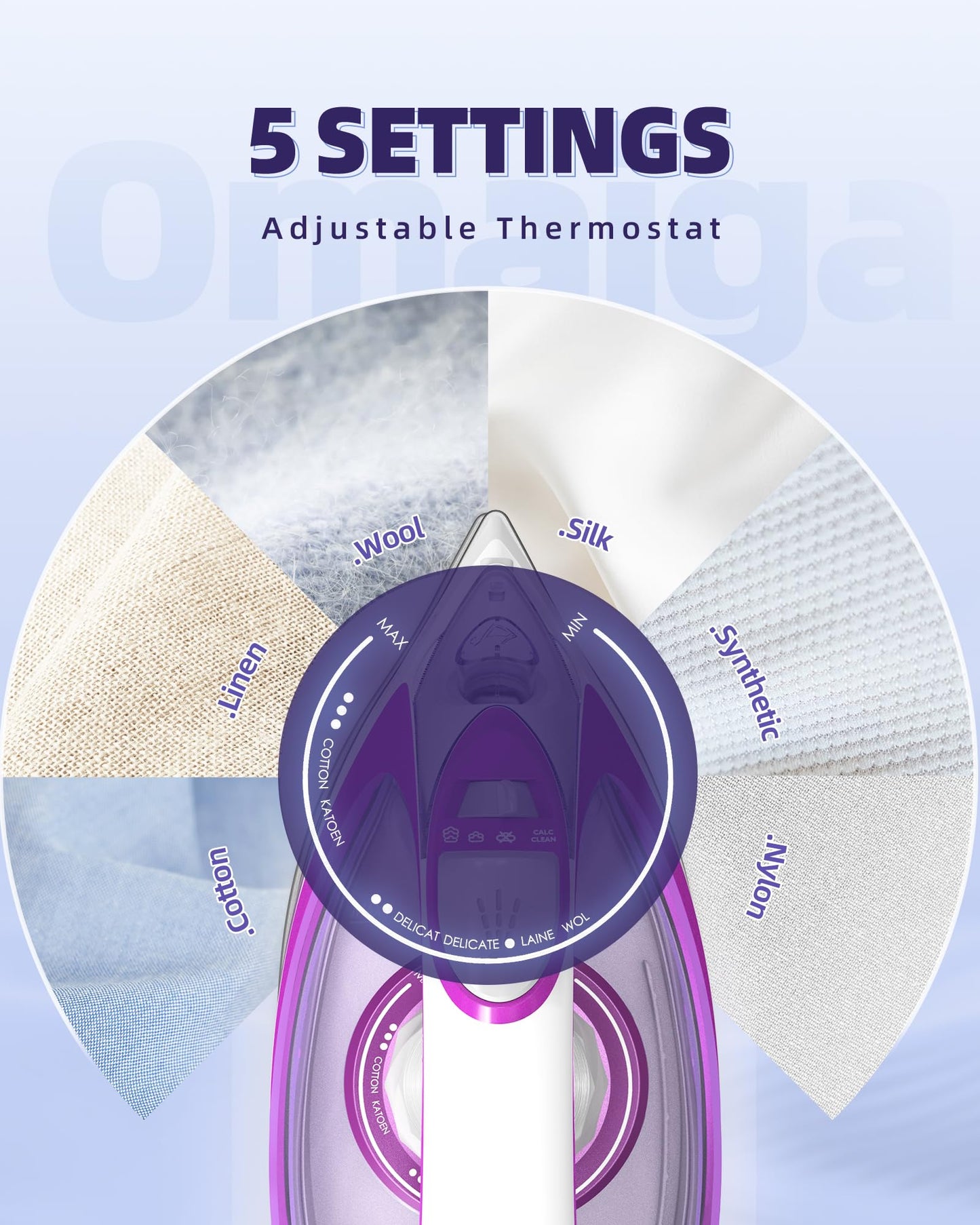 Omaiga Steam Iron for Clothes, 1750W Fast Heating with Powerful Steam, 15.21oz/450ml Large Water Tank, Ceramic Soleplate, Anti-Drip, Self-Cleaning, 3-Way Auto Shut Off for Home Laundry
