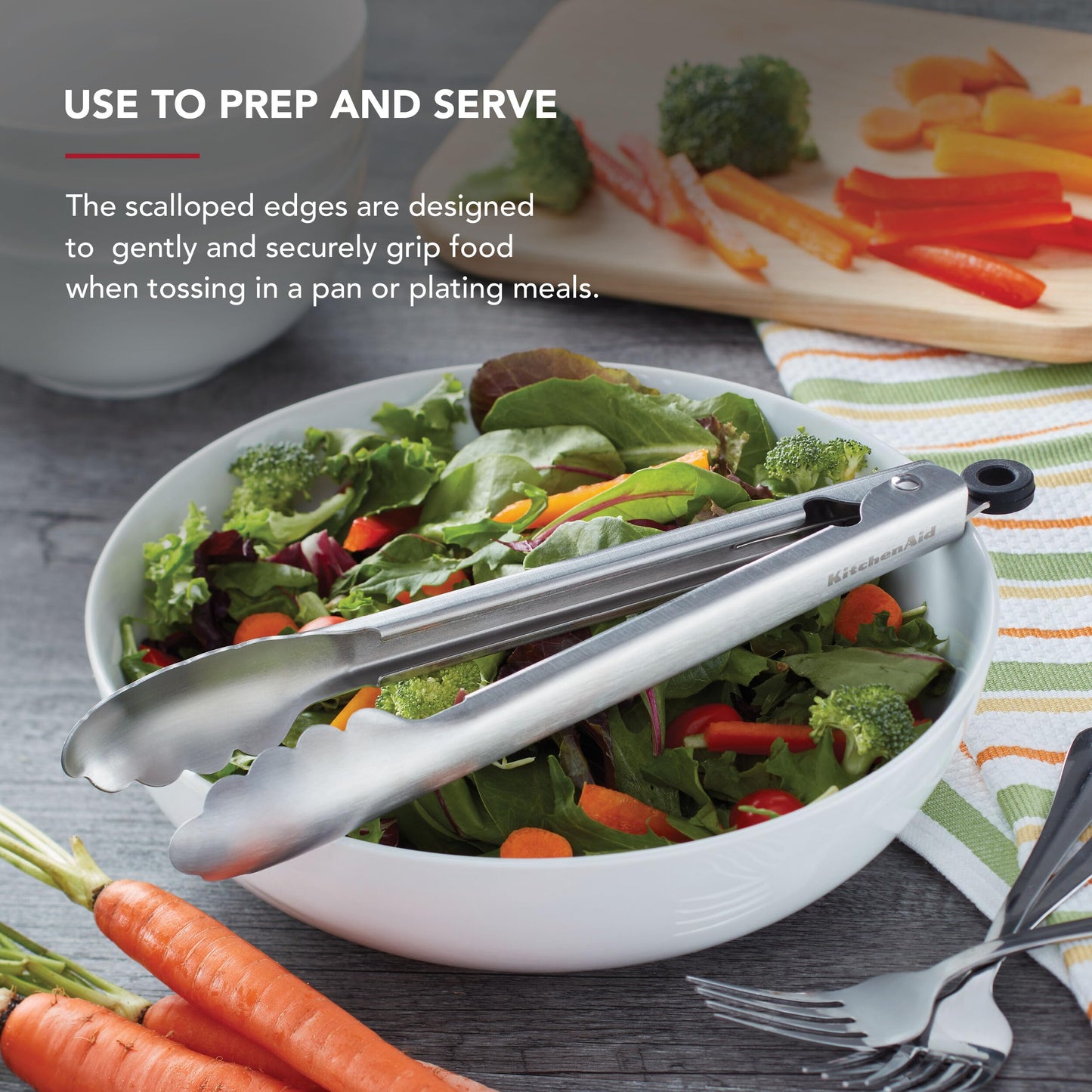 KitchenAid Set of 2 Stainless Steel Tongs with Scalloped Edges Easy Lock Dishwasher Safe Durable and Versatile 7 Inch and 9 Inch Silver