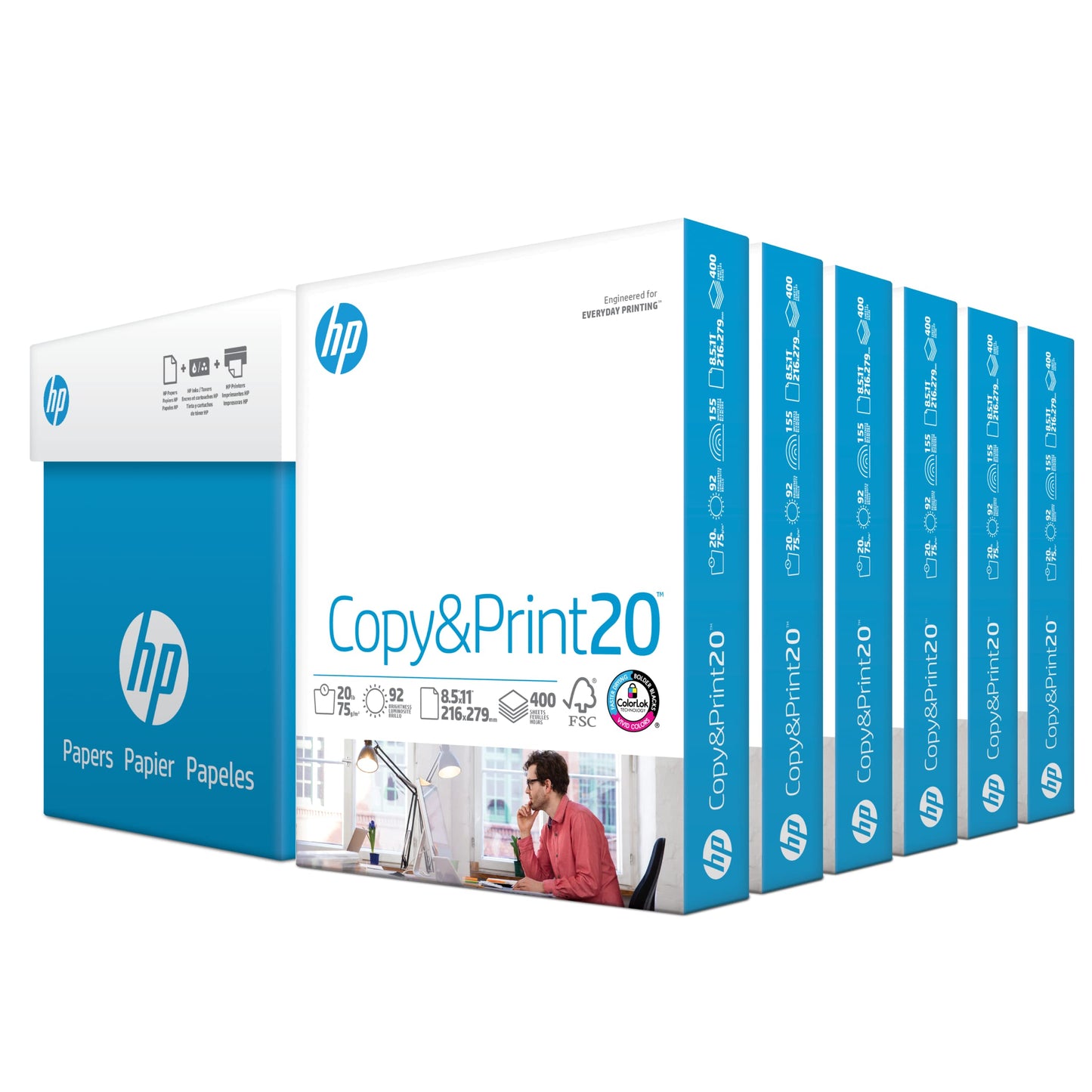 HP Printer Papers | 8.5 x 11 Paper | Copy &Print 20 lb| 6 Pack Case - 2,400 Sheets | 92 Bright | FSC Certified | 200010C