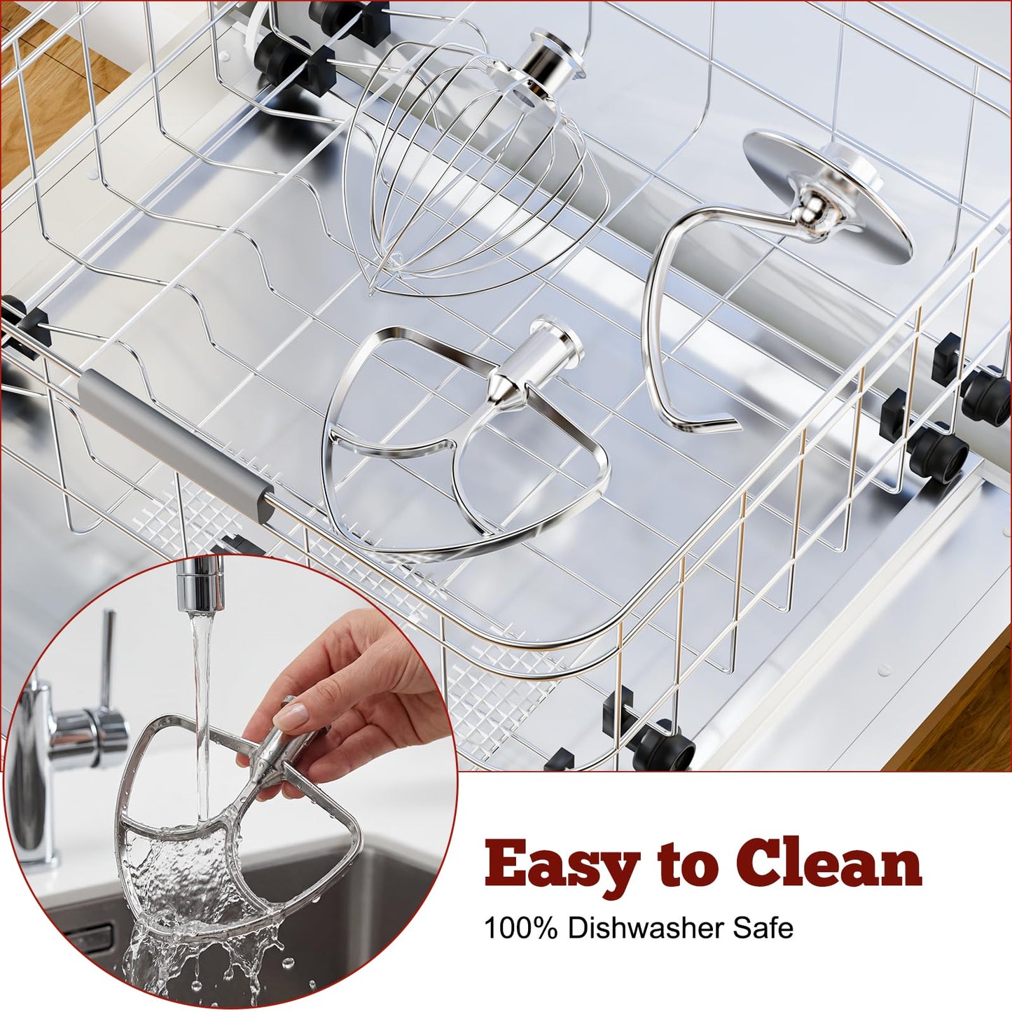 Stainless Steel Mixer Attachments for KitchenAid 4.5-5 Qt Tilt-Head Stand Mixer, Dishwasher Safe Set with Wire Whip, Dough Hook and Flat Beater, Heavy Duty Replacement Accessories for Baking