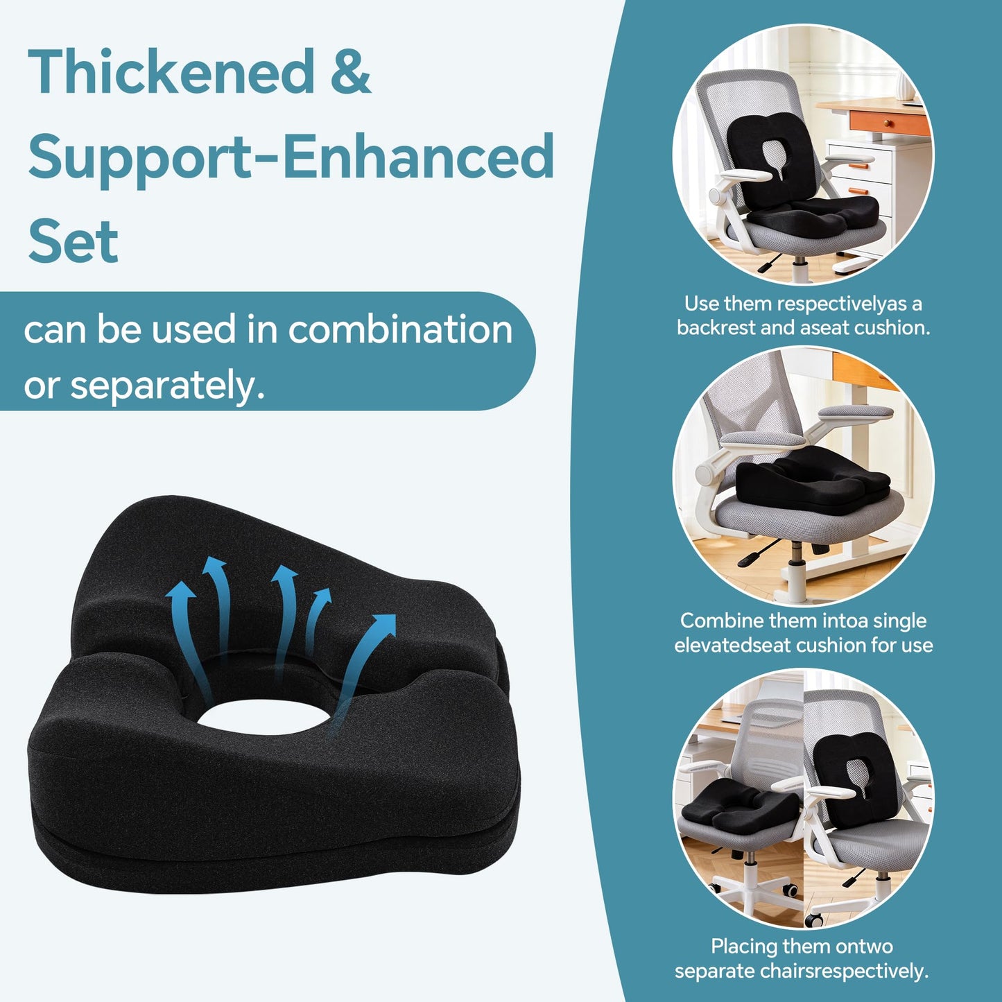 BALAPET Adjustable Bed Sore Cushions for Butt, 2-Layer Memory Foam Bedsore Pressure Relief Pillow for Sleeping and Sitting, Removable T Shaped Opening Tailbone Cushion for Wheelchair (Black)