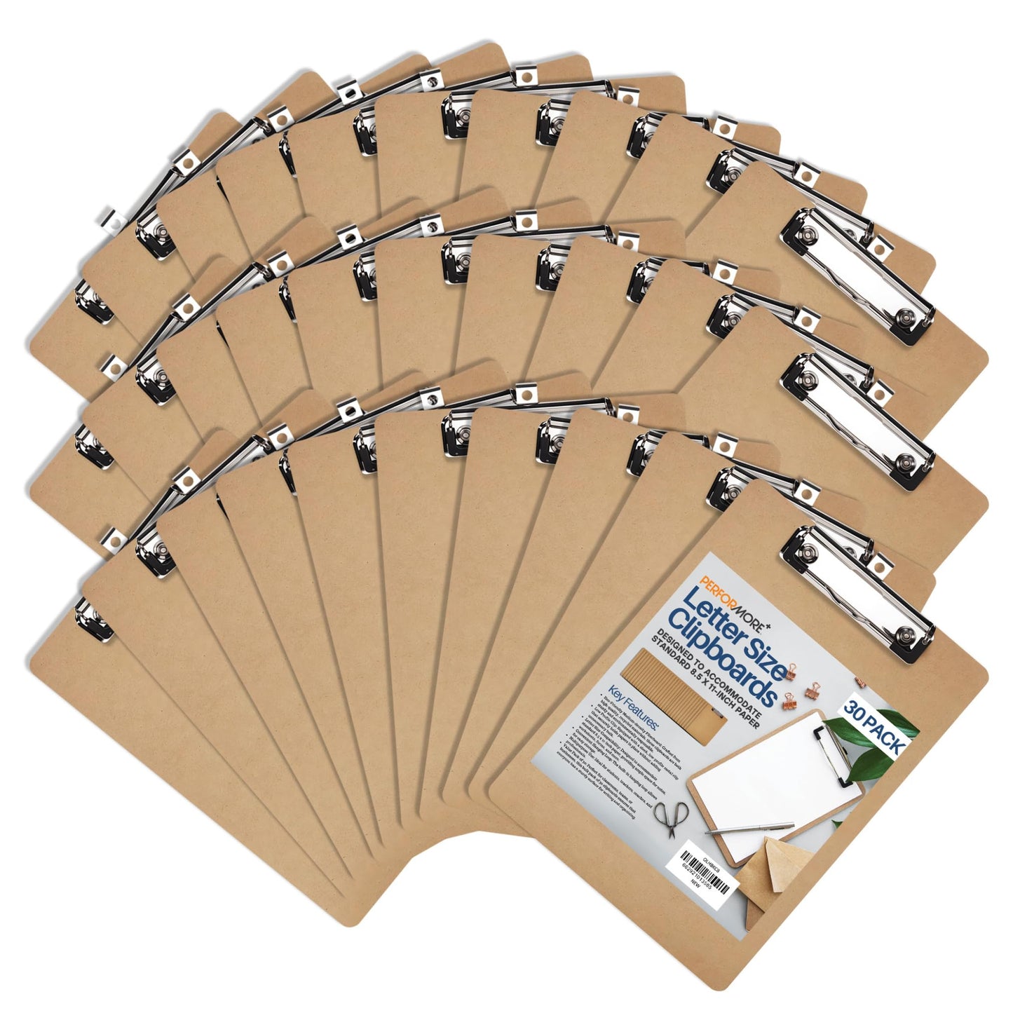 Clipboards 30 Pack Bulk, Clip Boards 8.5x11 Letter Size Hardboard Clipboard Set, Low Profile Clip, Hanging Loop, Holds 50 Sheets, Rounded Corners for Classroom, School, Field Use - Performore