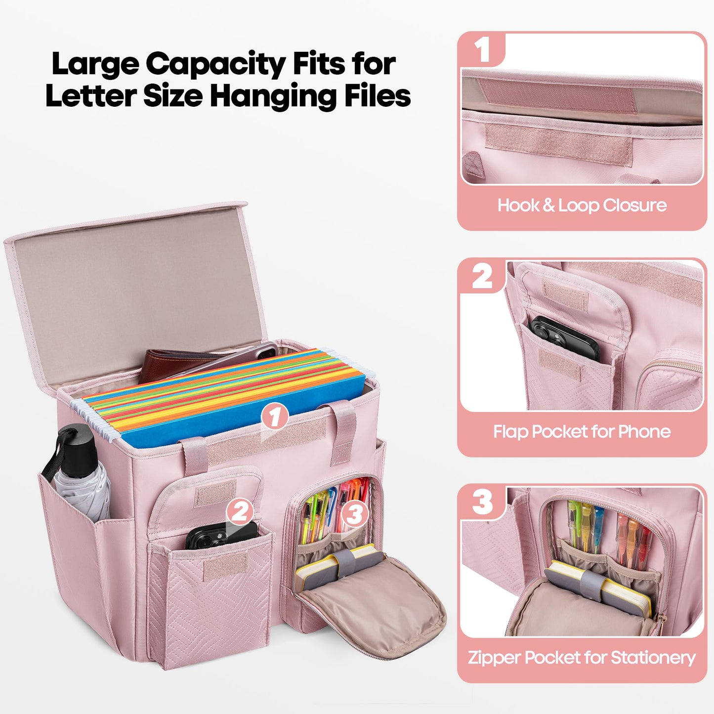 Prokva Hanging File Organizer Box with Lid, Portable Document Organizer Bag with Handle, Suitable for Letter Size Hanging File Folders, Pink