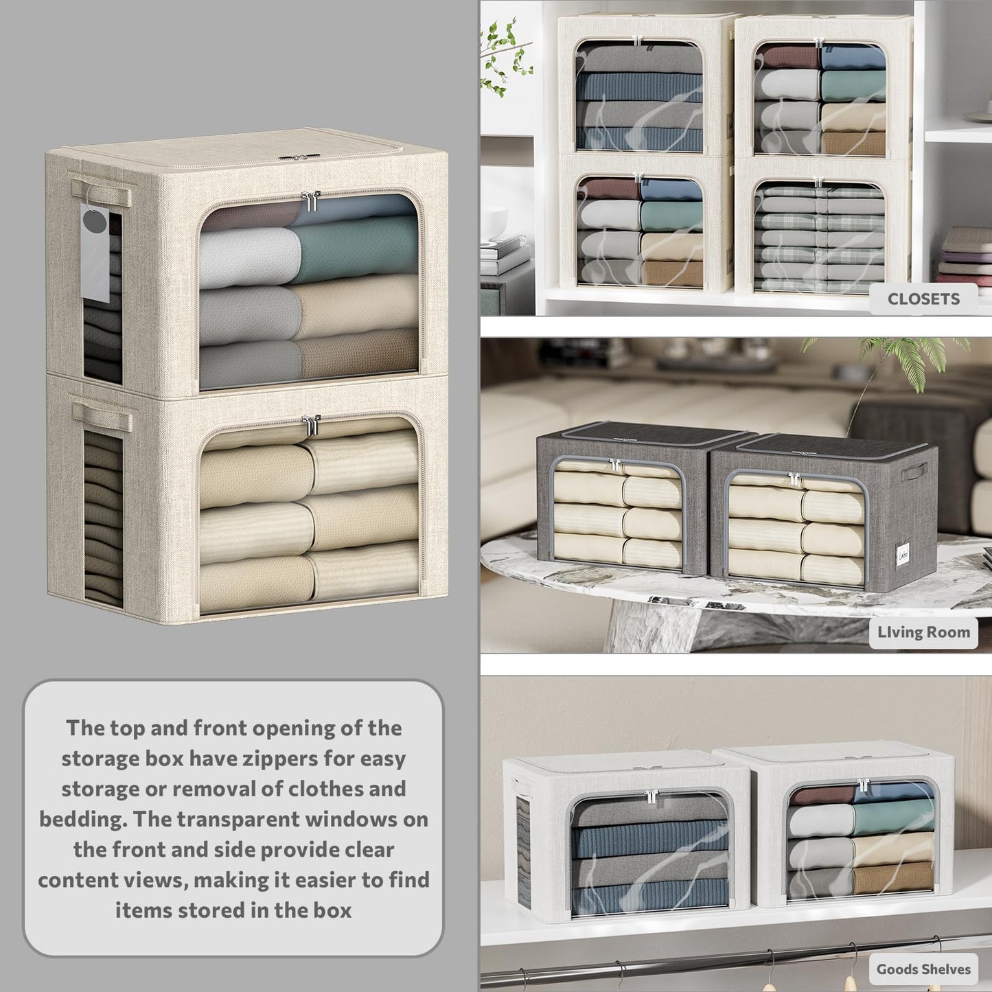 Chizjox 4 Pack Clothes Storage Bins with Metal Frame - 36L Stackable Storage Box with Lid，Foldable Storage Container Organizer for Clothes，Linen Fabric Storage Box with Clear Window＆Zippers＆Handles