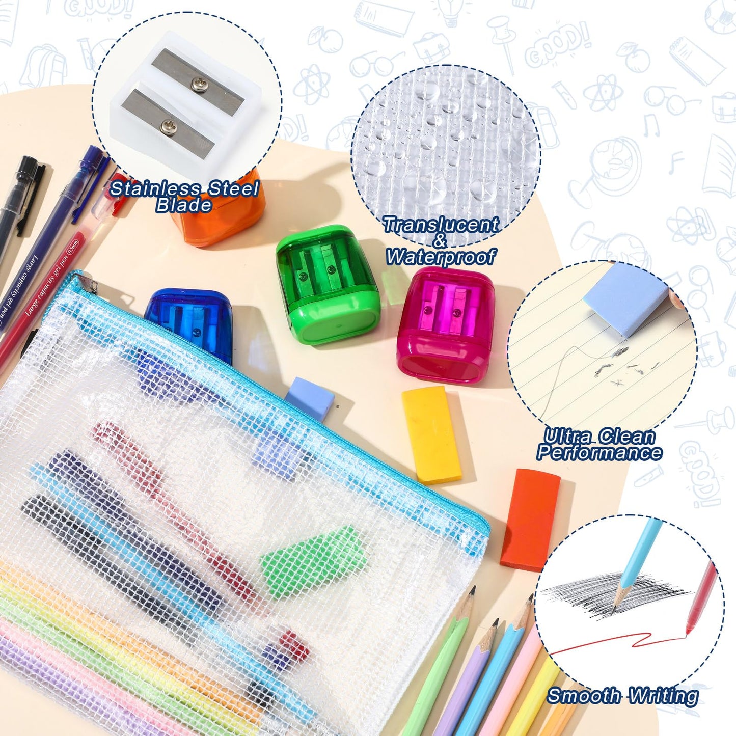 Gilprop 156 Pcs/12 Set Back to School Supplies Kit, Mesh Zipper Pouch Bags with Pencils, Erasers, Sharpeners, Pens – Bulk School Supplies for Classroom & Office Use