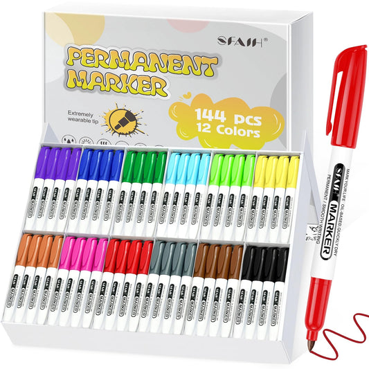 SFAIH 144 Pack Permanent Markers Bulk - School Classroom Set, 12 Vibrant Colors, Works on Paper, Clothes, Plastic, Fabric, Student Art Supplies, Drawing, Coloring, Non-Toxic, Classroom Group Supplies