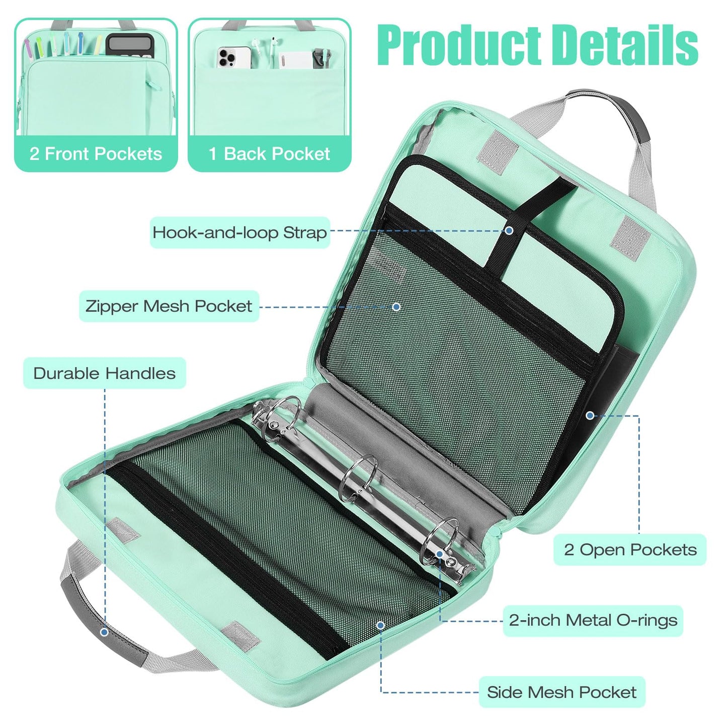 MoKo Zipper Binder, 2 Inch 3 Ring Binder with Zipper, 500 Sheet Capacity Zip Up Binders with Shoulder Strap Handle, Multi-Pocket Zip Up Binders for Middle School Student, Mint Green