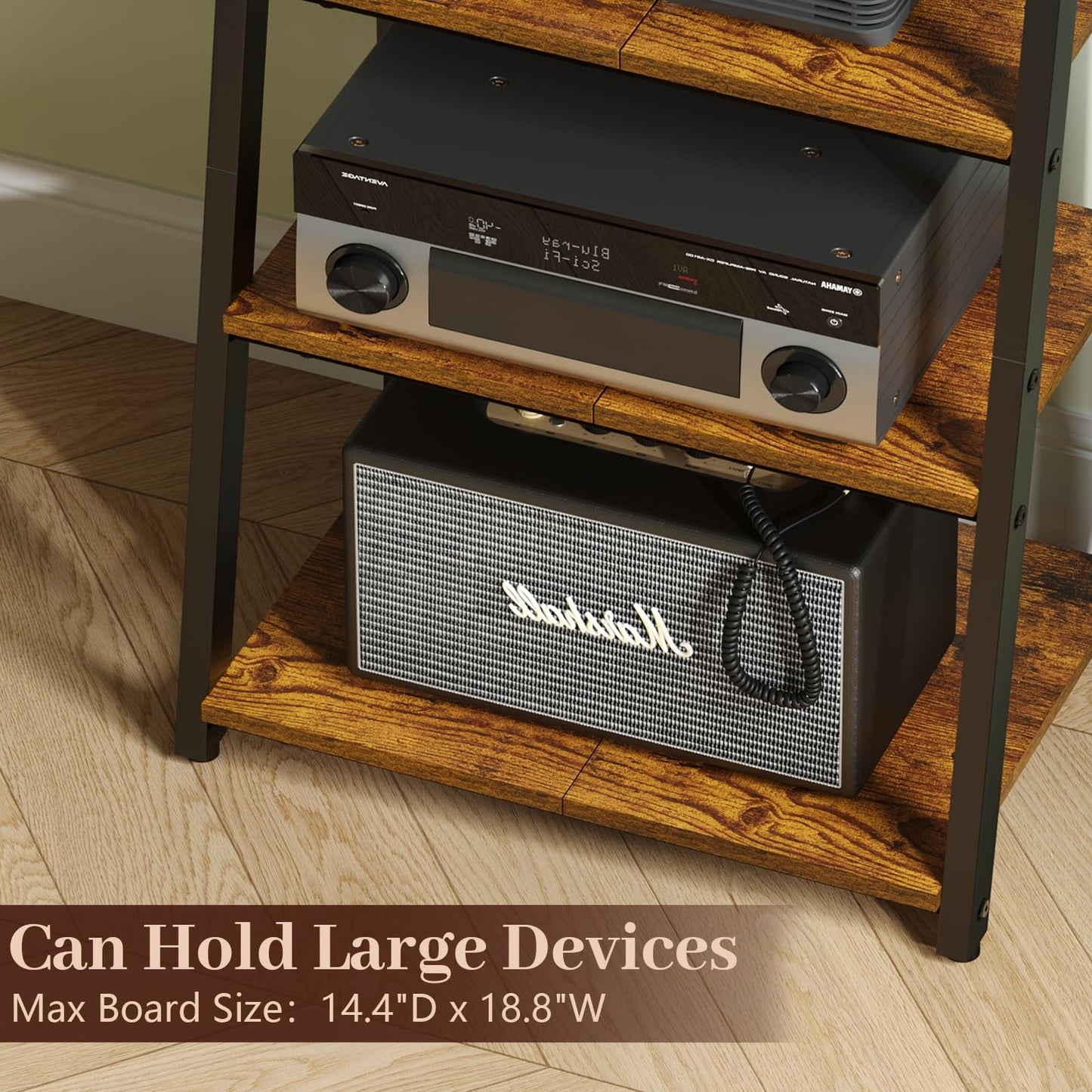 4-Tier AV Media Stand with 2 Hooks,Heavy Duty Stereo Cabinet Furniture-Large Stereo Rack and Game Console Stand,Wooden Record Player Stand,Audio Stand Perfect for DVD Players/Game Console/TV Box/Xbox