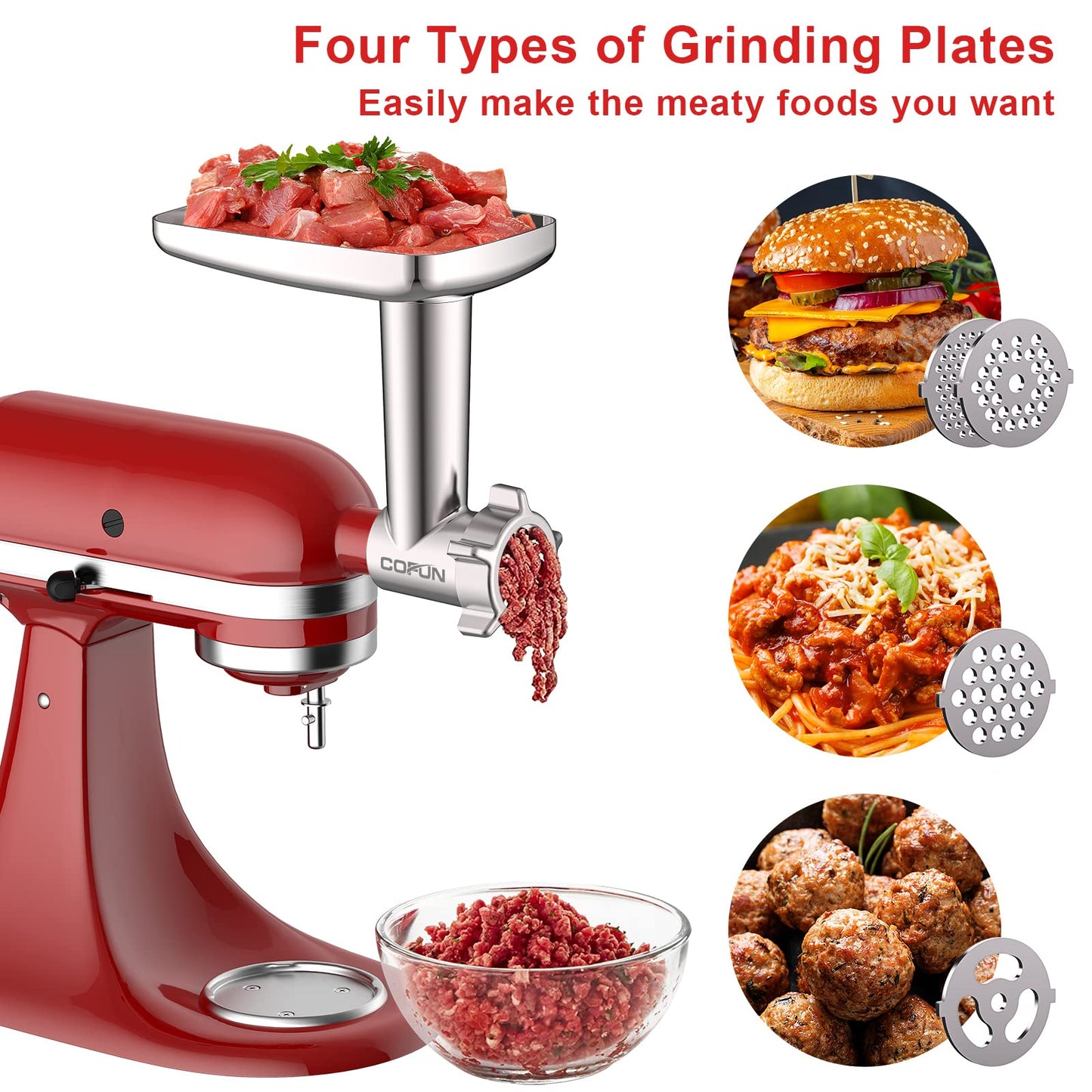 COFUN Meat Grinder for KitchenAid Mixer, All Metal Food Grinder with 4 Grinding Plates, 3 Sausage Stuffer Tubes, 2 Blades, Fast Grinding for Burgers Sausages Meatballs