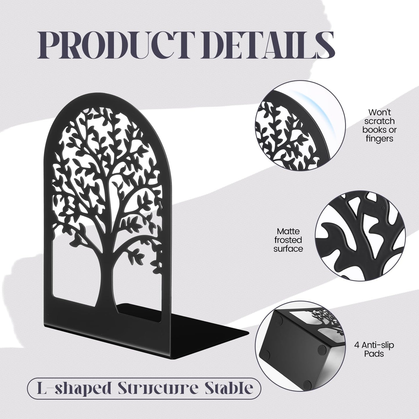 Feifeiya 6 Pairs Decorative Book Ends Metal Bookends for Shelves Black Metal Heavy Duty Book Ends Holder Supports Stoppers for Home Office School, 6.9x4.9x3.5”(Tree and Flower)